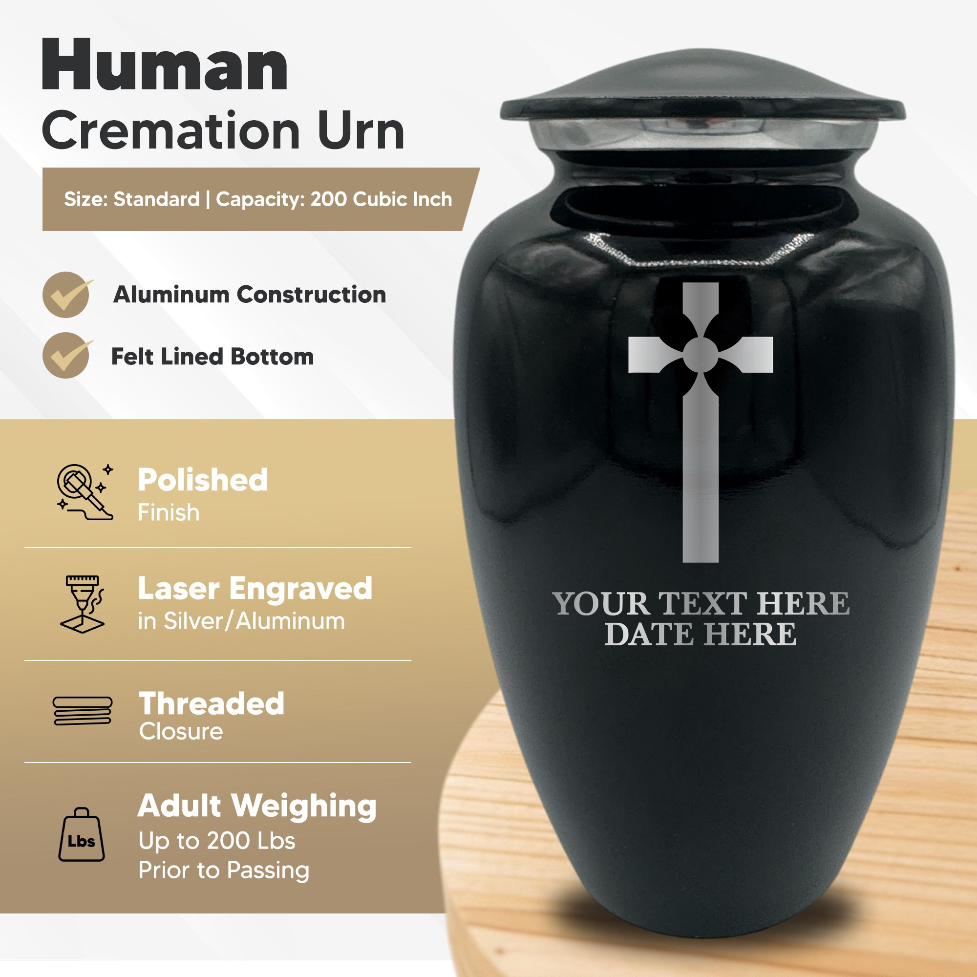 Splendor Human Cremation Urn – 200 Cubic Inch Capacity – Metal | Cross Design Collection