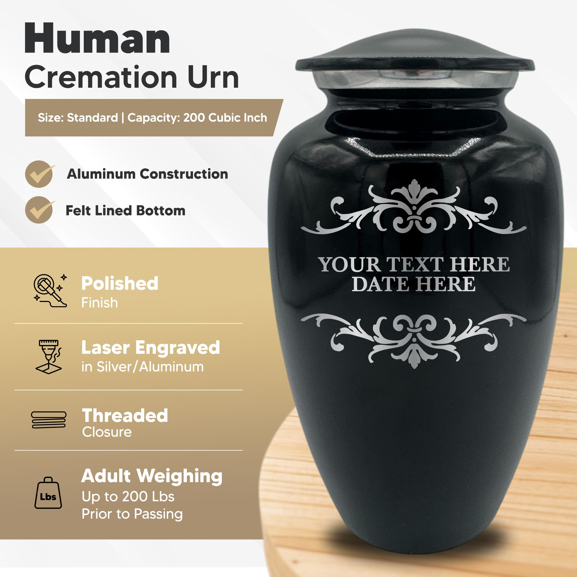 Splendor Human Cremation Urn – 200 Cubic Inch Capacity – Metal | Memorial Swirl