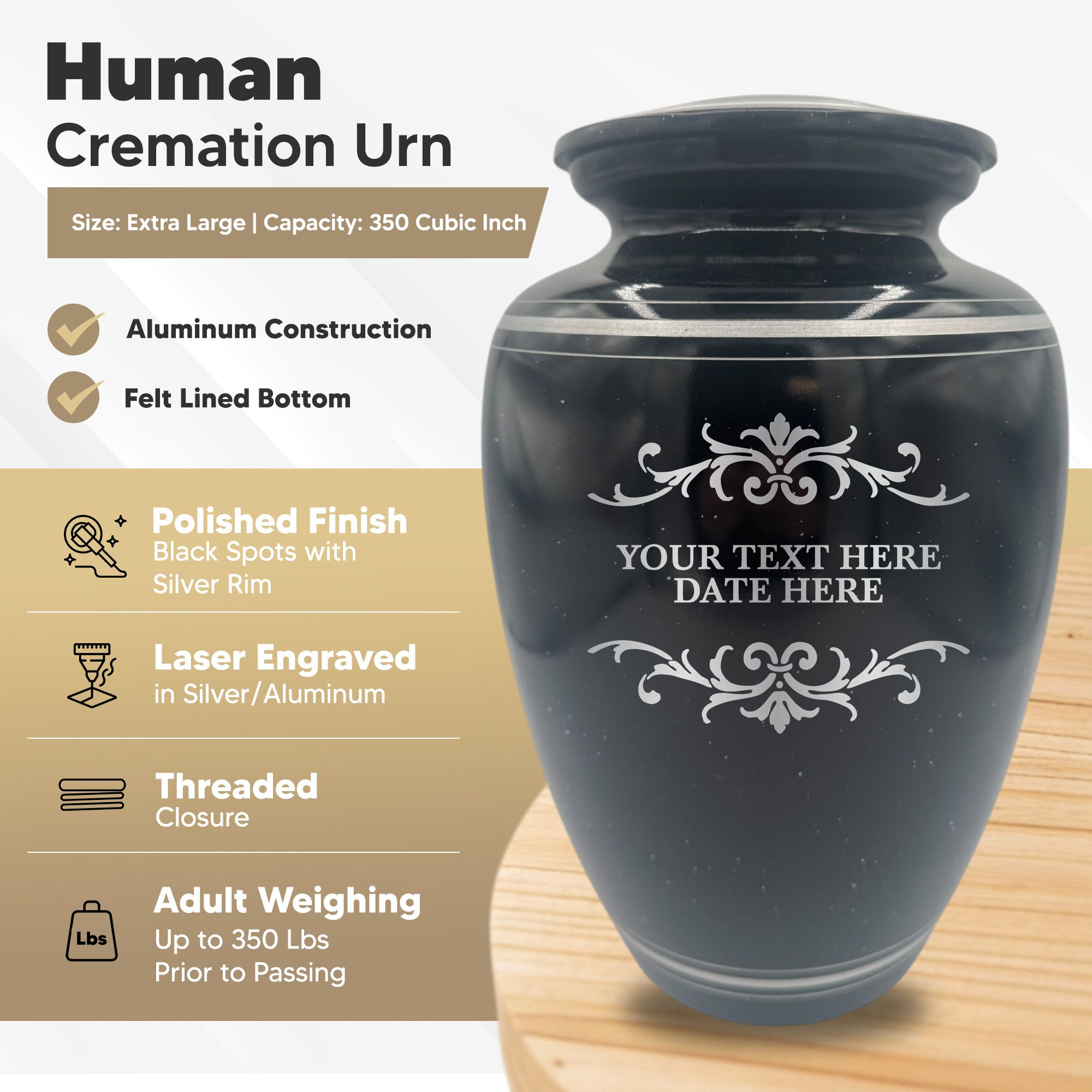 Extra Large Human Cremation Urn - 350 Cubic Inch - Black Spotted Finish with Silver Rim | Memorial Swirl