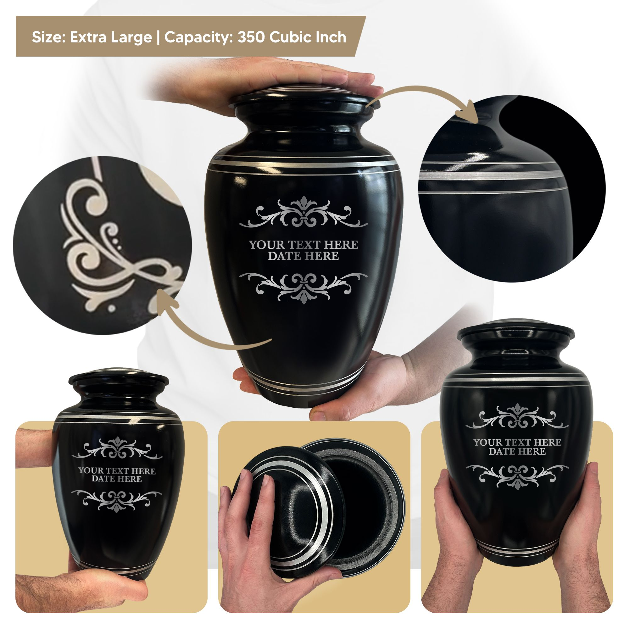 Human Cremation Urn - 350 Cubic Inch Capacity - Black with Silver Rim | Memorial Swirl