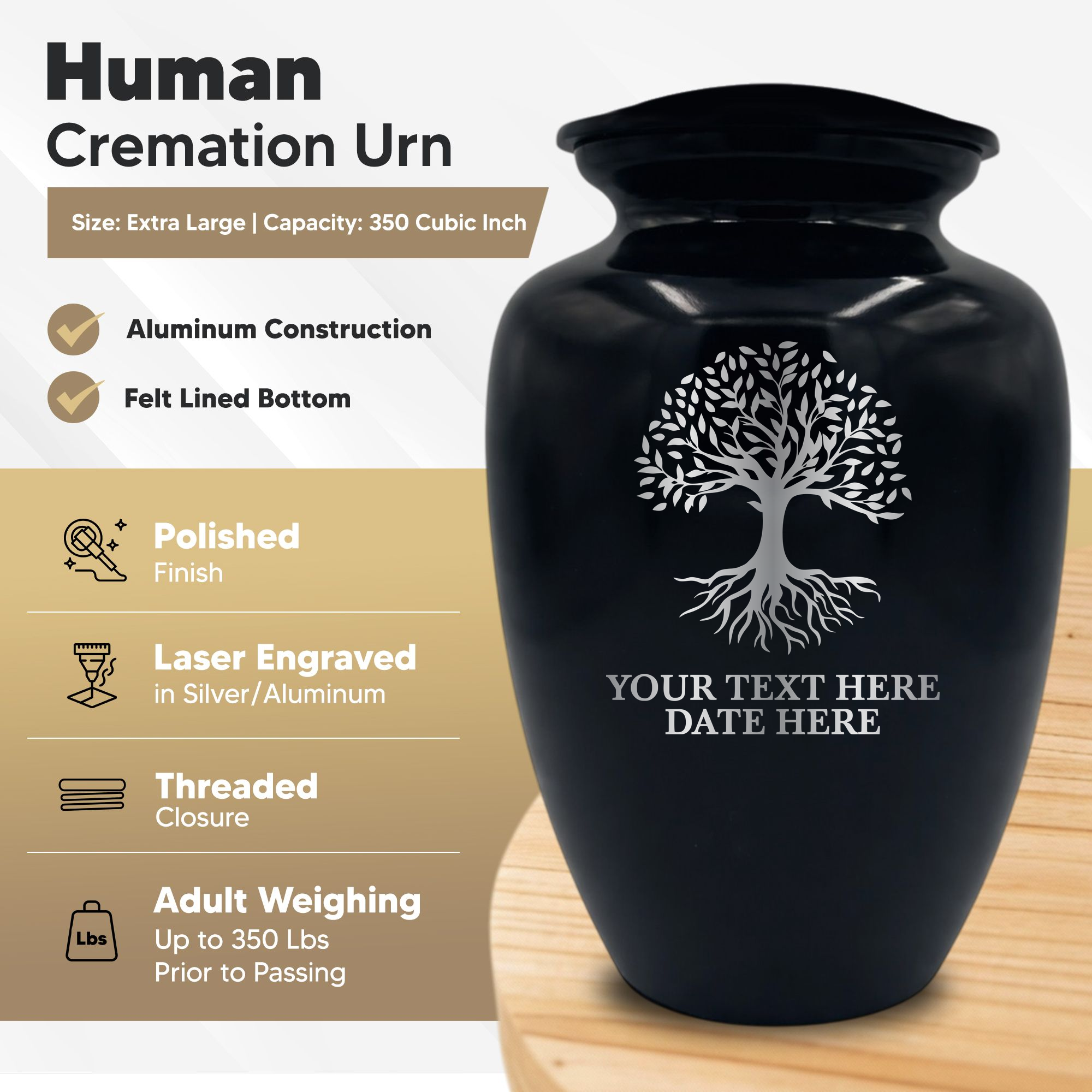 Polished Extra Large Human Cremation Urn 350 Cubic Inch - Engraved Aluminum | Tree of Life