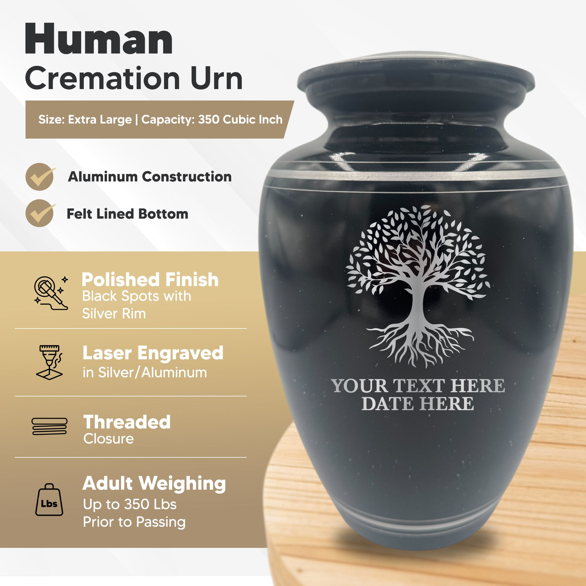 Extra Large Human Cremation Urn - 350 Cubic Inch - Black Spotted Finish with Silver Rim | Tree of Life