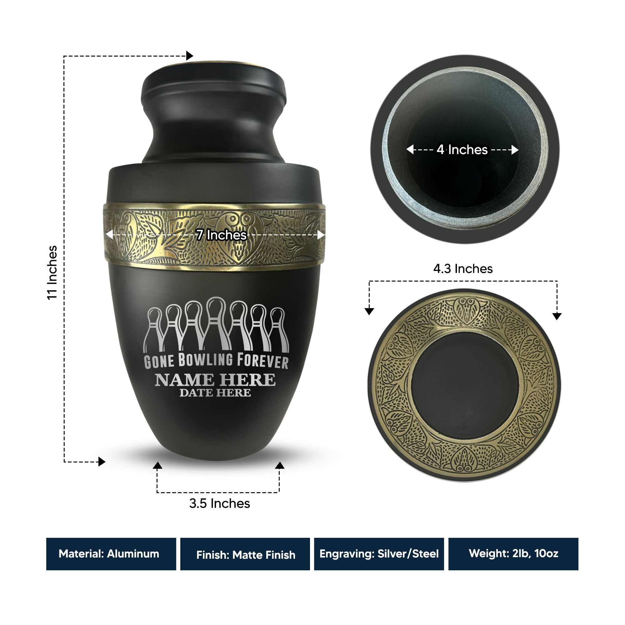 Elite Human Cremation Urn - 200 Cubic Inch - Aluminum with Gold Inlay | Gone Bowling Tribute