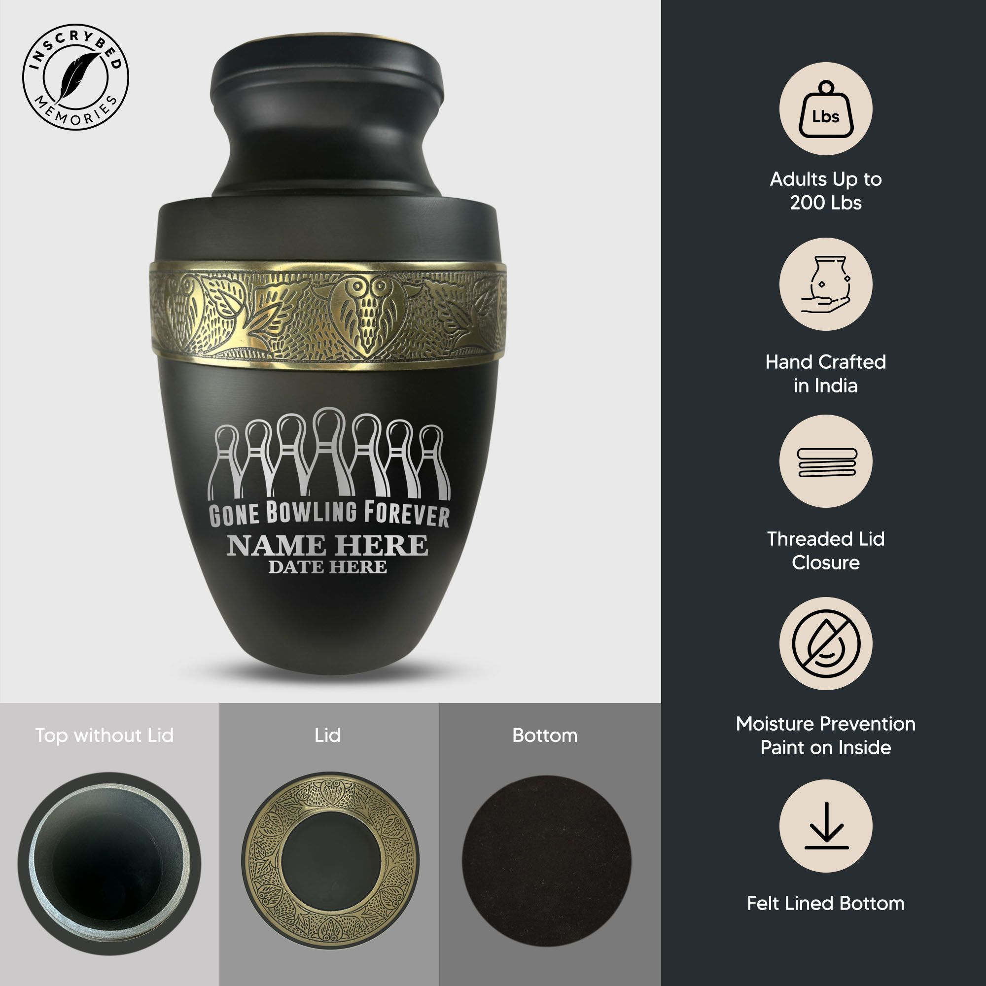 Elite Human Cremation Urn - 200 Cubic Inch - Aluminum with Gold Inlay | Gone Bowling Tribute
