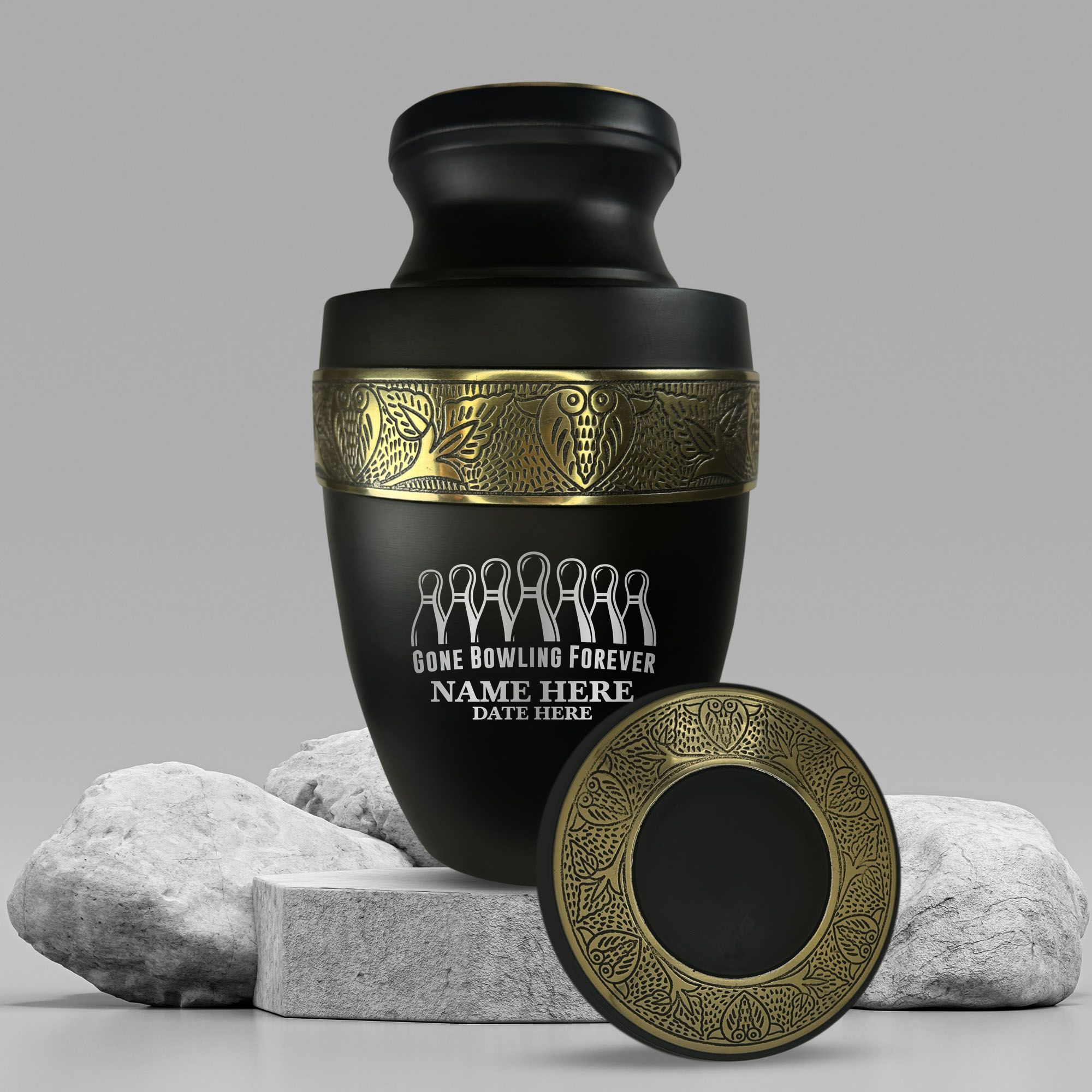 Elite Human Cremation Urn - 200 Cubic Inch - Aluminum with Gold Inlay | Gone Bowling Tribute