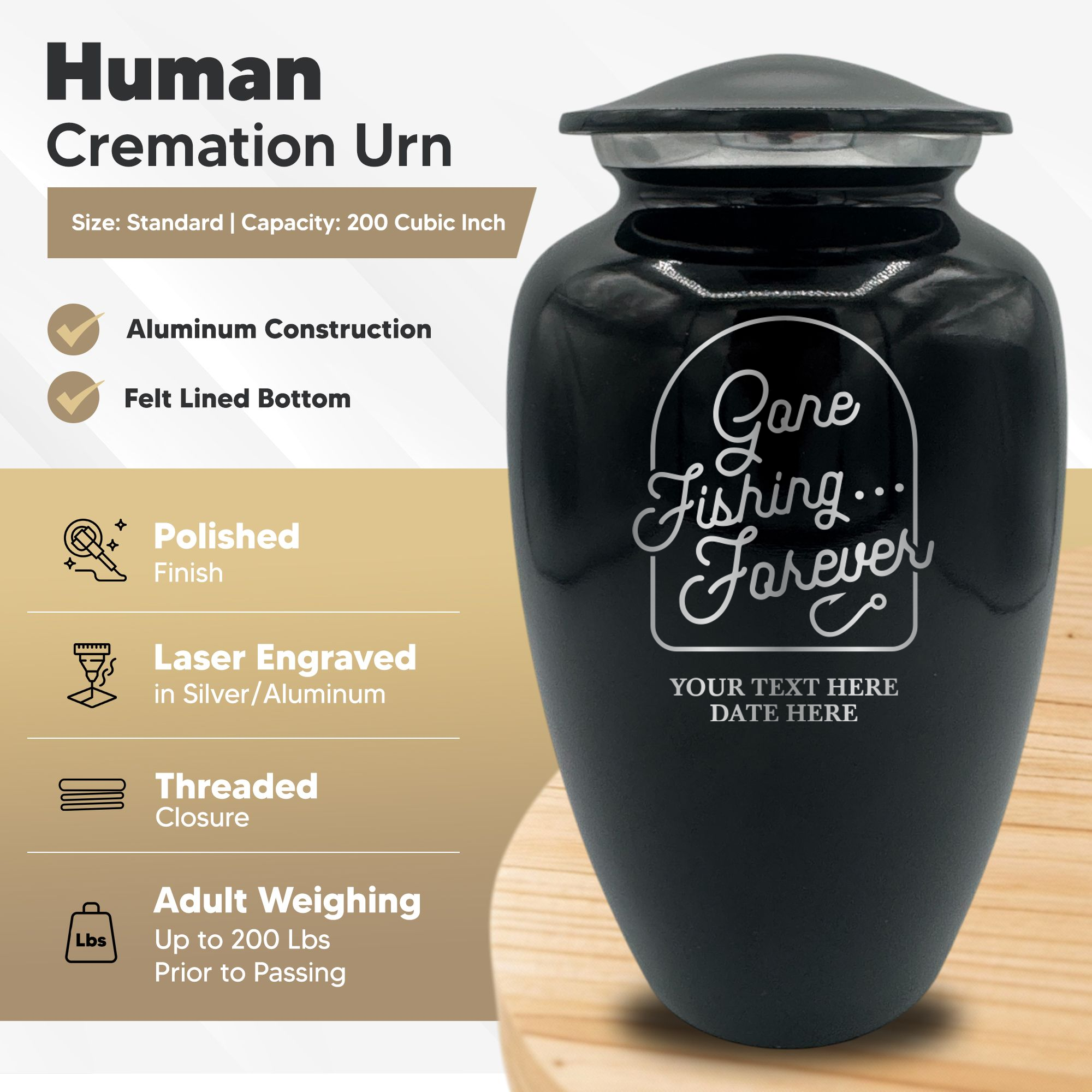 Splendor Human Cremation Urn - 200 Cubic Inch Capacity - Metal | Fisherman Tribute Collection