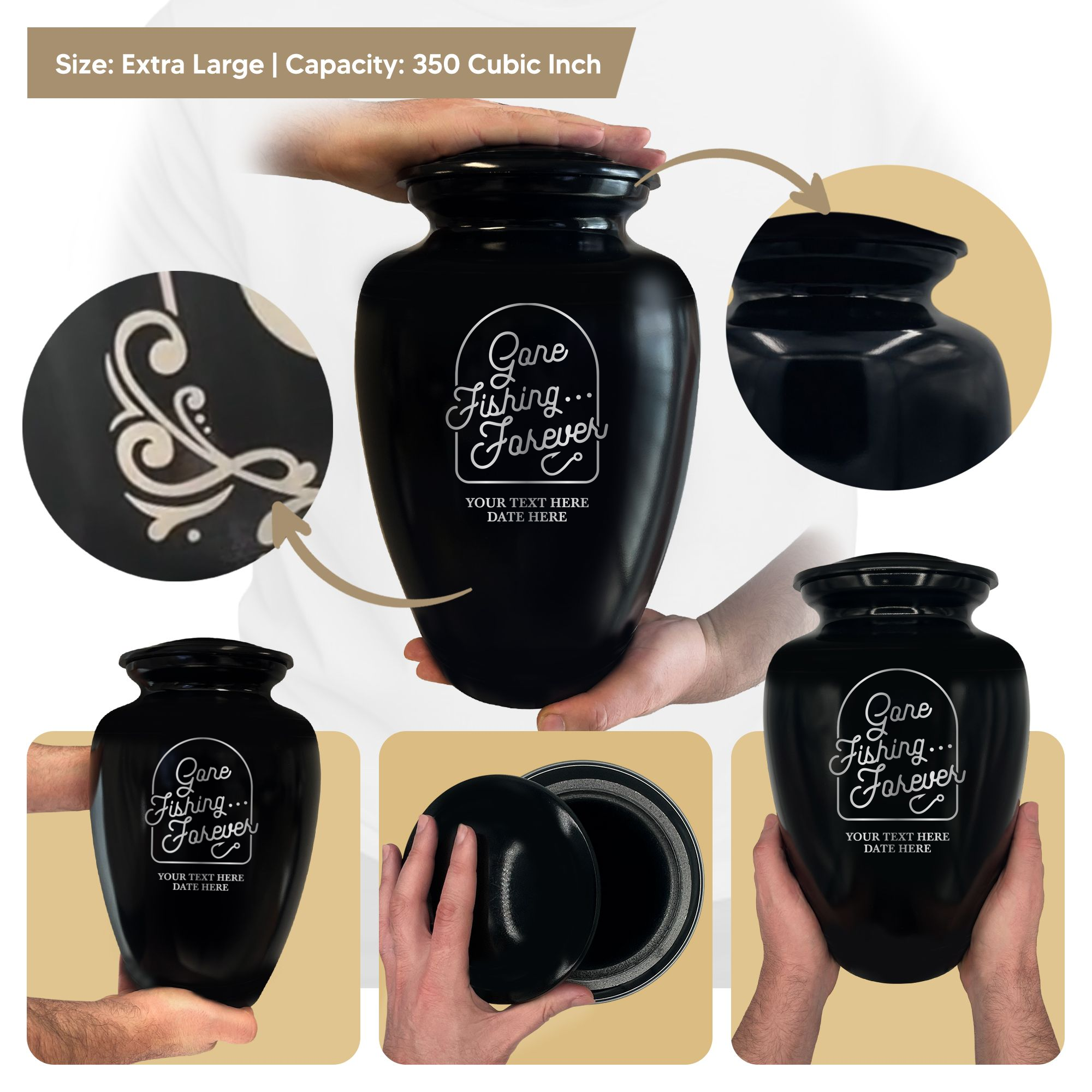 Polished Extra Large Human Cremation Urn 350 Cubic Inch - Engraved Aluminum | Fisherman Tribute Collection