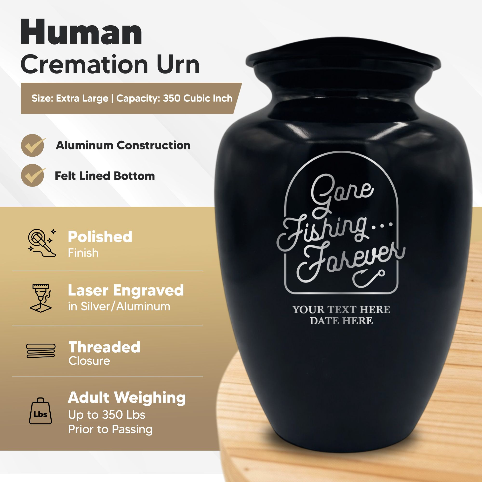 Polished Extra Large Human Cremation Urn 350 Cubic Inch - Engraved Aluminum | Fisherman Tribute Collection