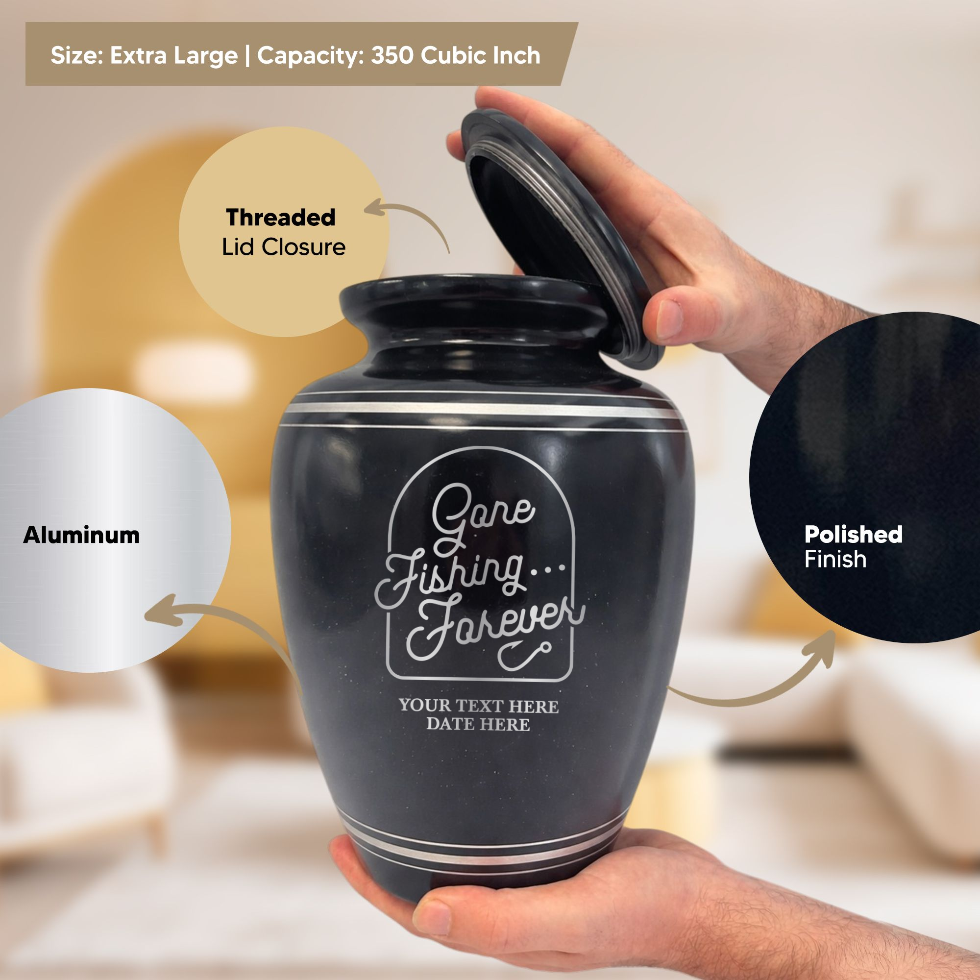 Extra Large Human Cremation Urn - 350 Cubic Inch - Black Spotted Finish with Silver Rim | Fisherman Tribute Collection