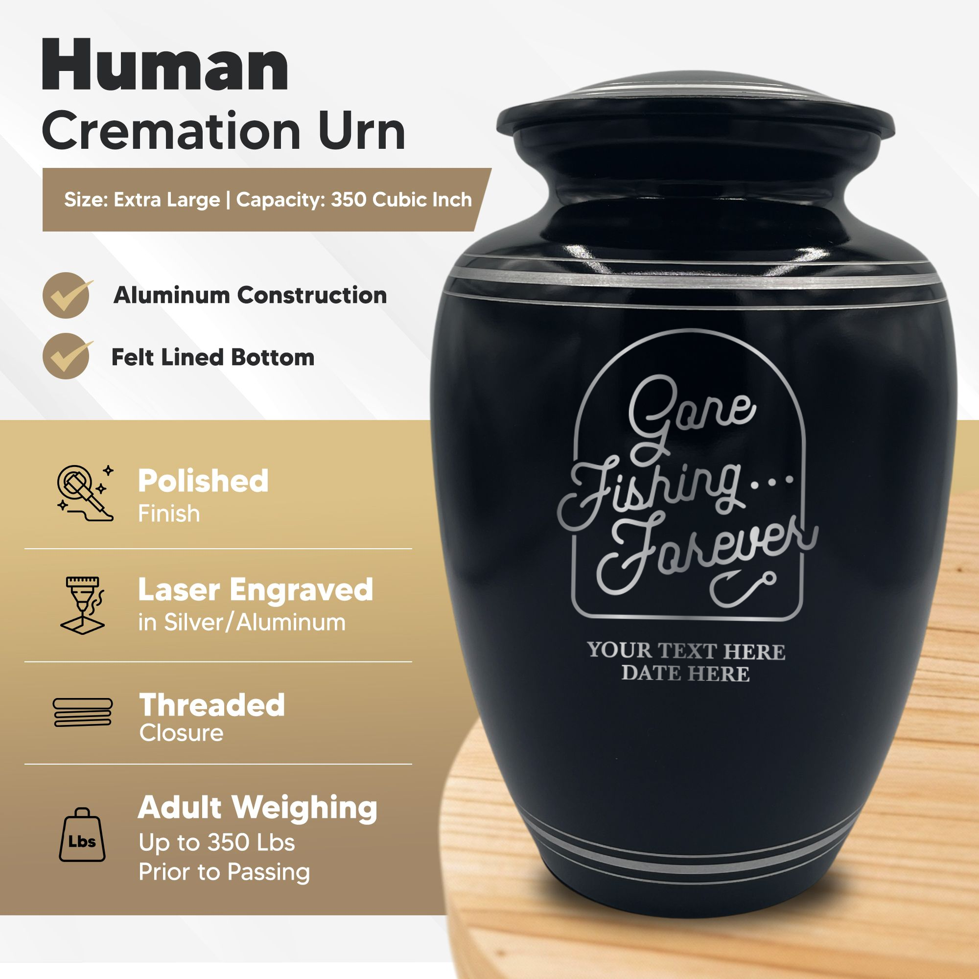 Human Cremation Urn - 350 Cubic Inch Capacity - Black with Silver Rim | Fisherman Tribute Collection