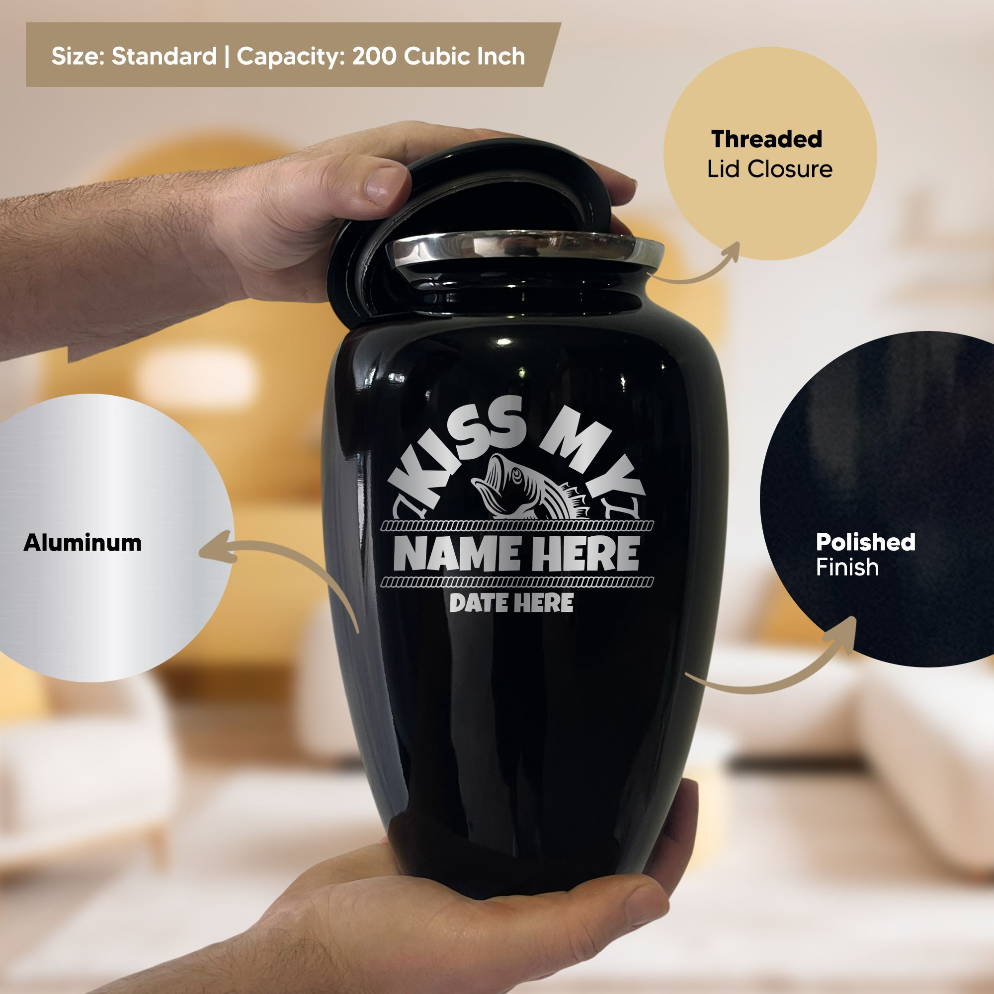 Splendor Human Cremation Urn - 200 Cubic Inch Capacity - Metal | Bass Fishing Humor
