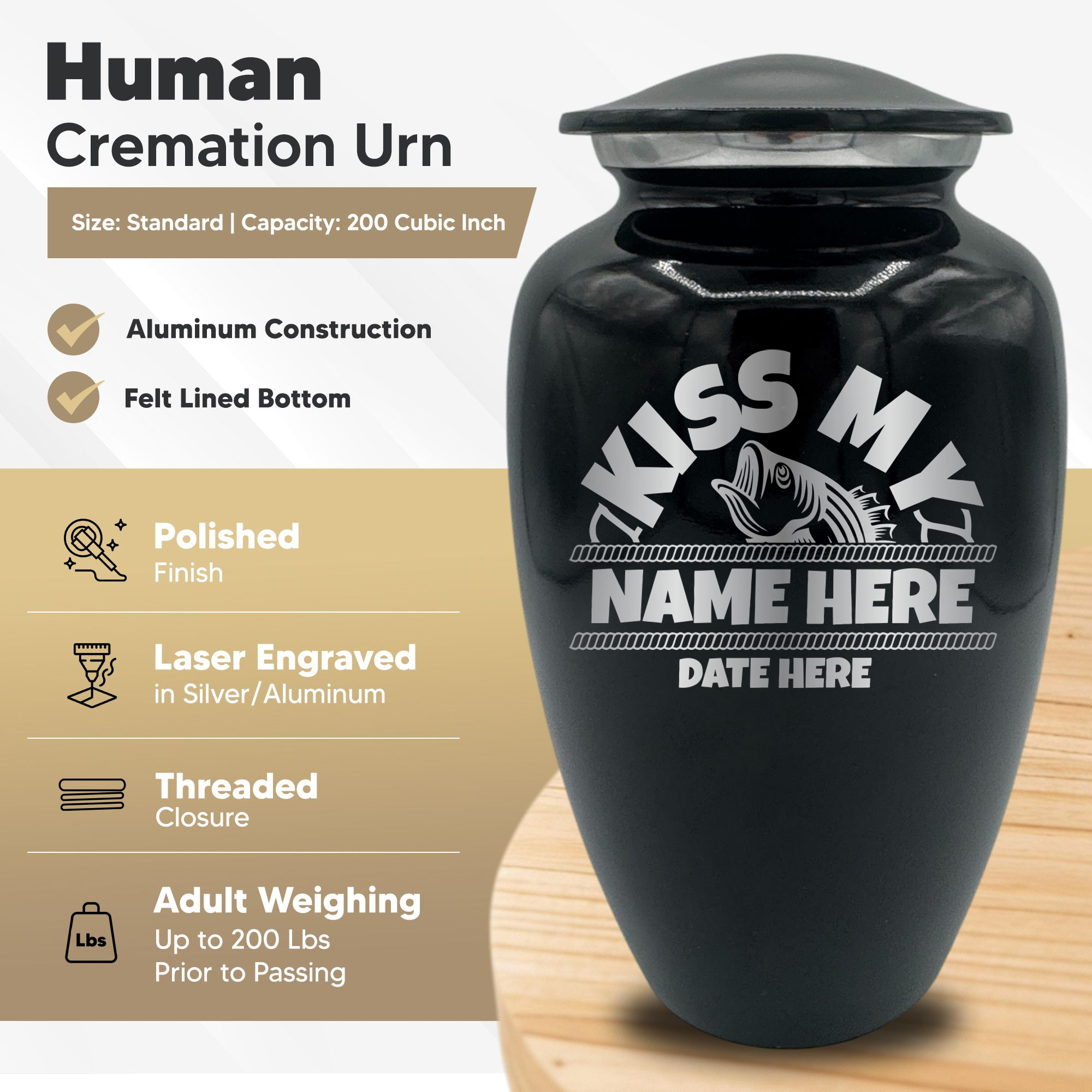 Splendor Human Cremation Urn - 200 Cubic Inch Capacity - Metal | Bass Fishing Humor