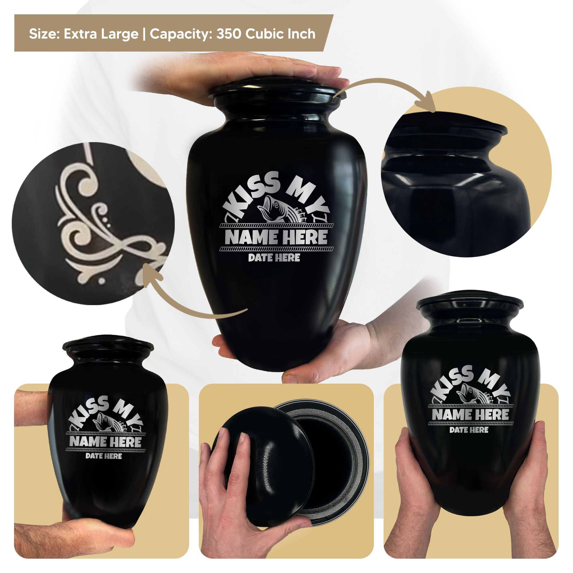 Polished Extra Large Human Cremation Urn 350 Cubic Inch - Engraved Aluminum | Bass Fishing Humor