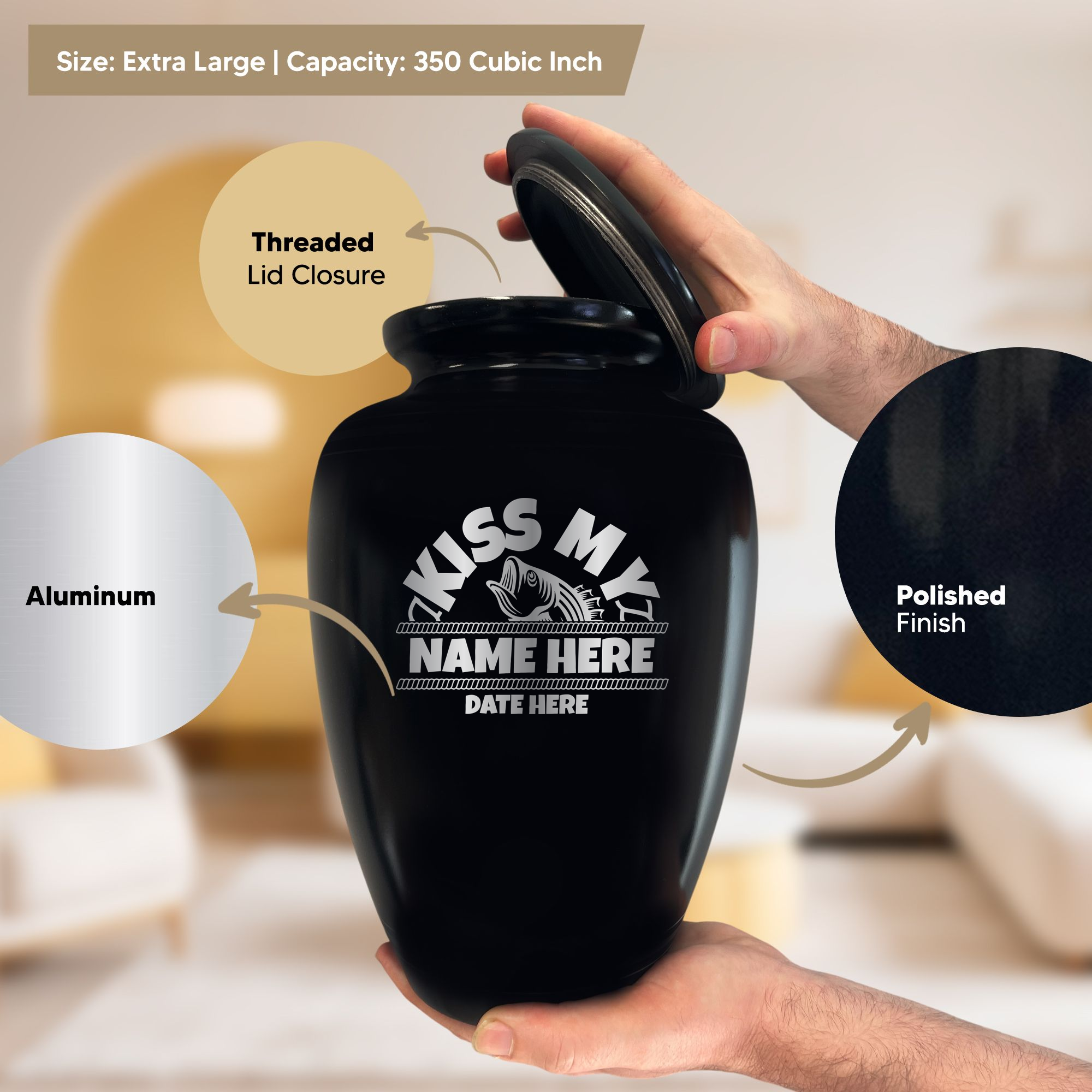 Polished Extra Large Human Cremation Urn 350 Cubic Inch - Engraved Aluminum | Bass Fishing Humor