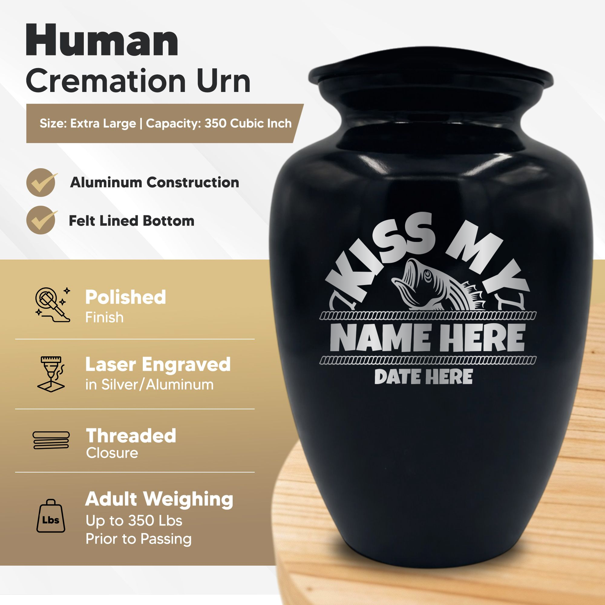 Polished Extra Large Human Cremation Urn 350 Cubic Inch - Engraved Aluminum | Bass Fishing Humor