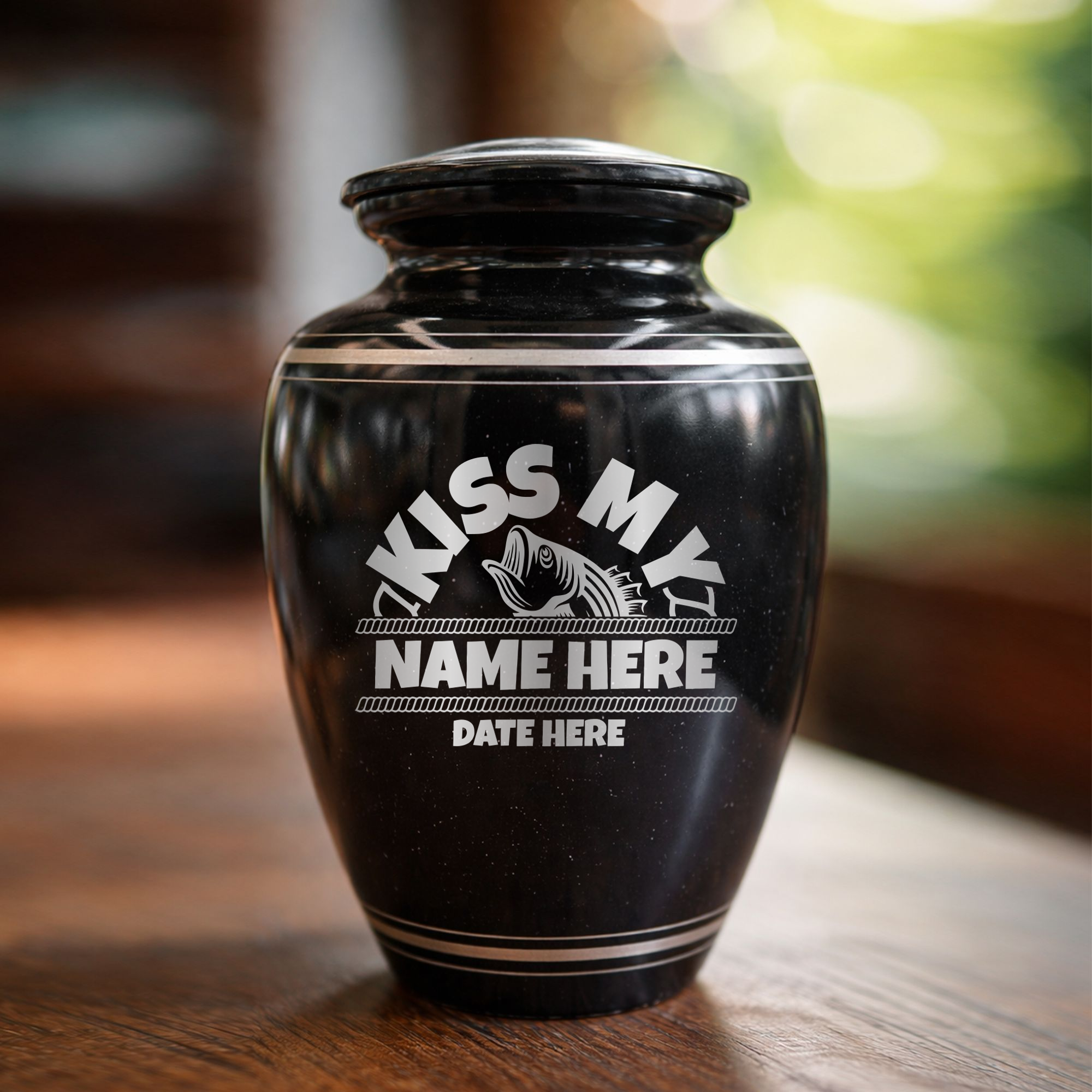 Extra Large Human Cremation Urn - 350 Cubic Inch - Black Spotted Finish with Silver Rim | Bass Fishing Humor