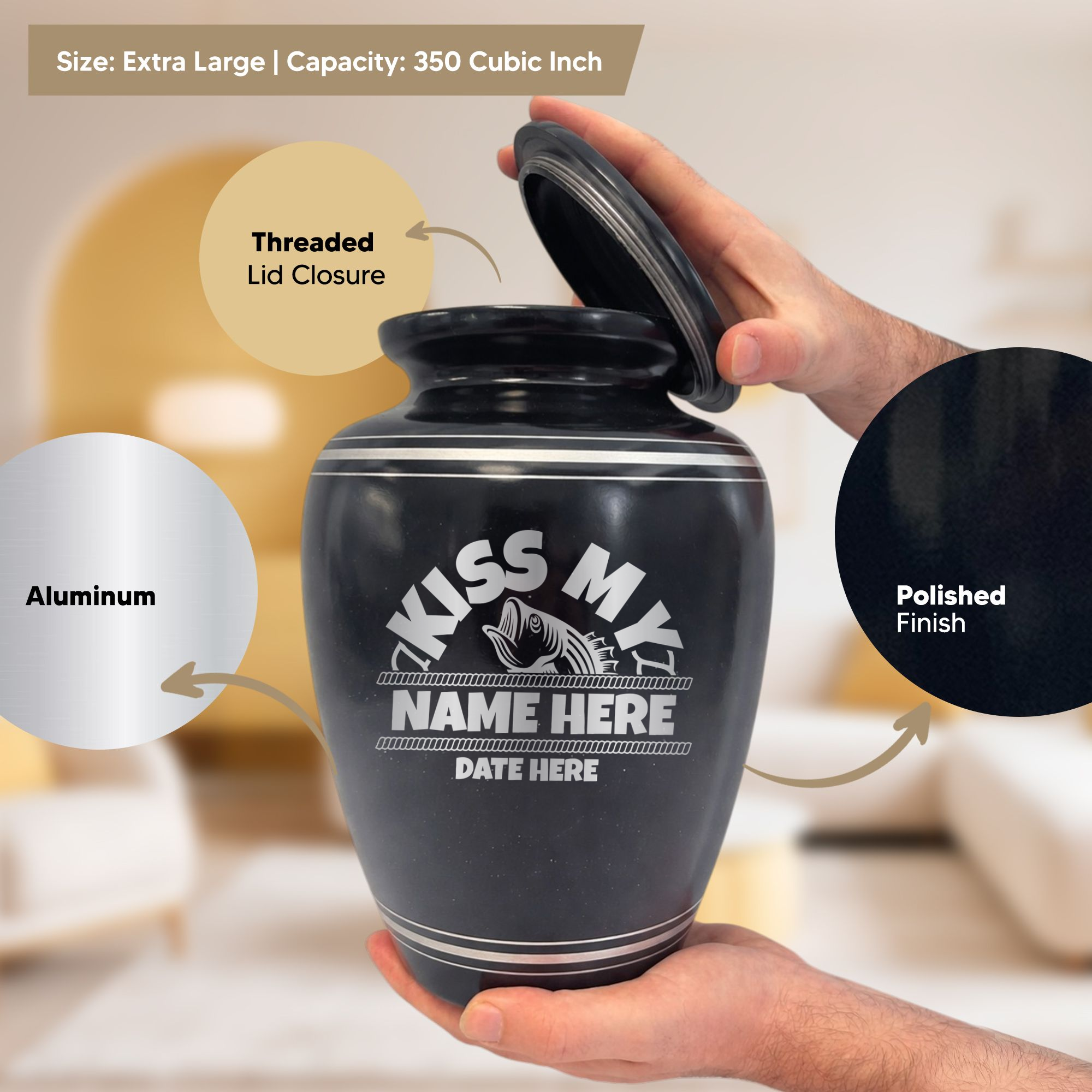 Extra Large Human Cremation Urn - 350 Cubic Inch - Black Spotted Finish with Silver Rim | Bass Fishing Humor