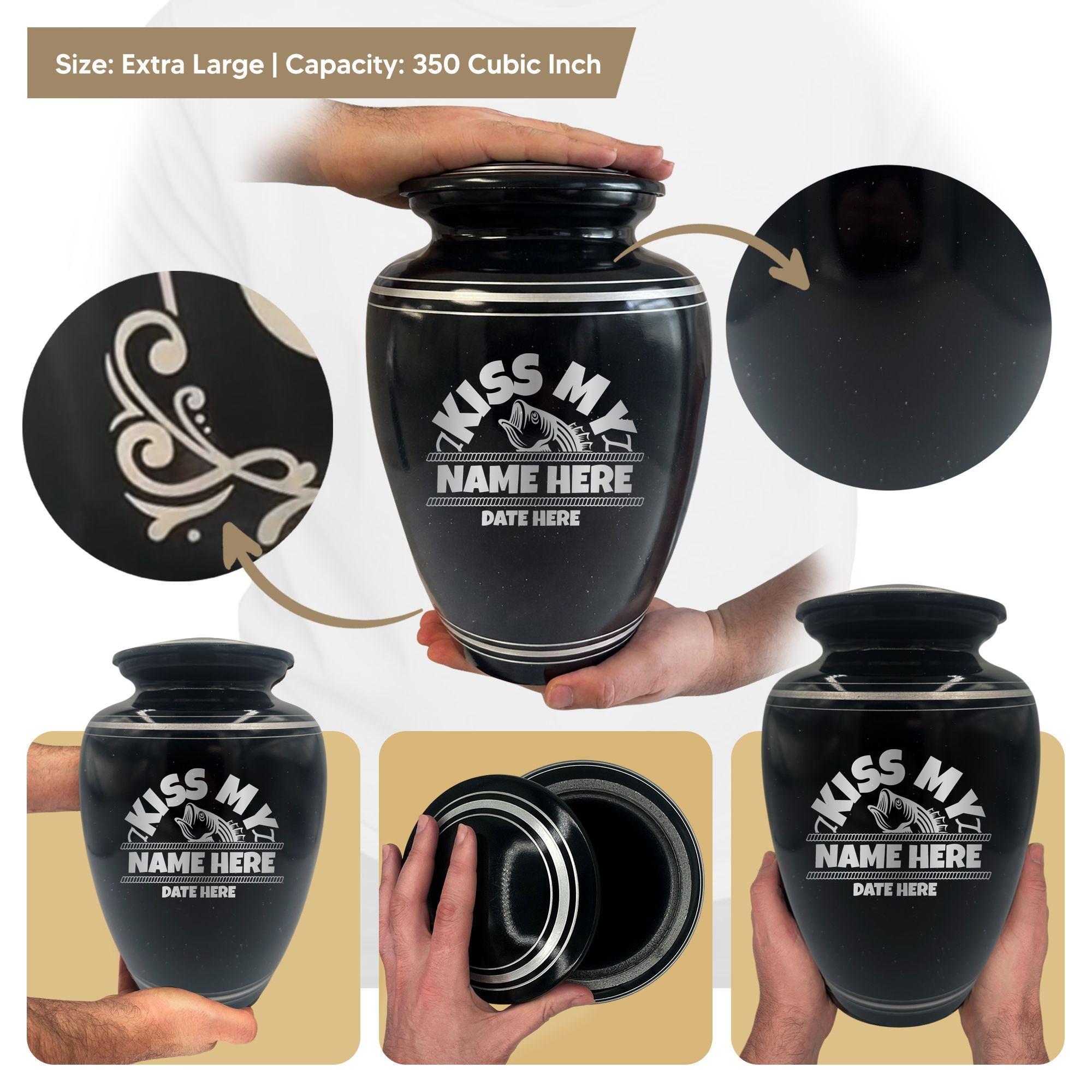 Extra Large Human Cremation Urn - 350 Cubic Inch - Black Spotted Finish with Silver Rim | Bass Fishing Humor