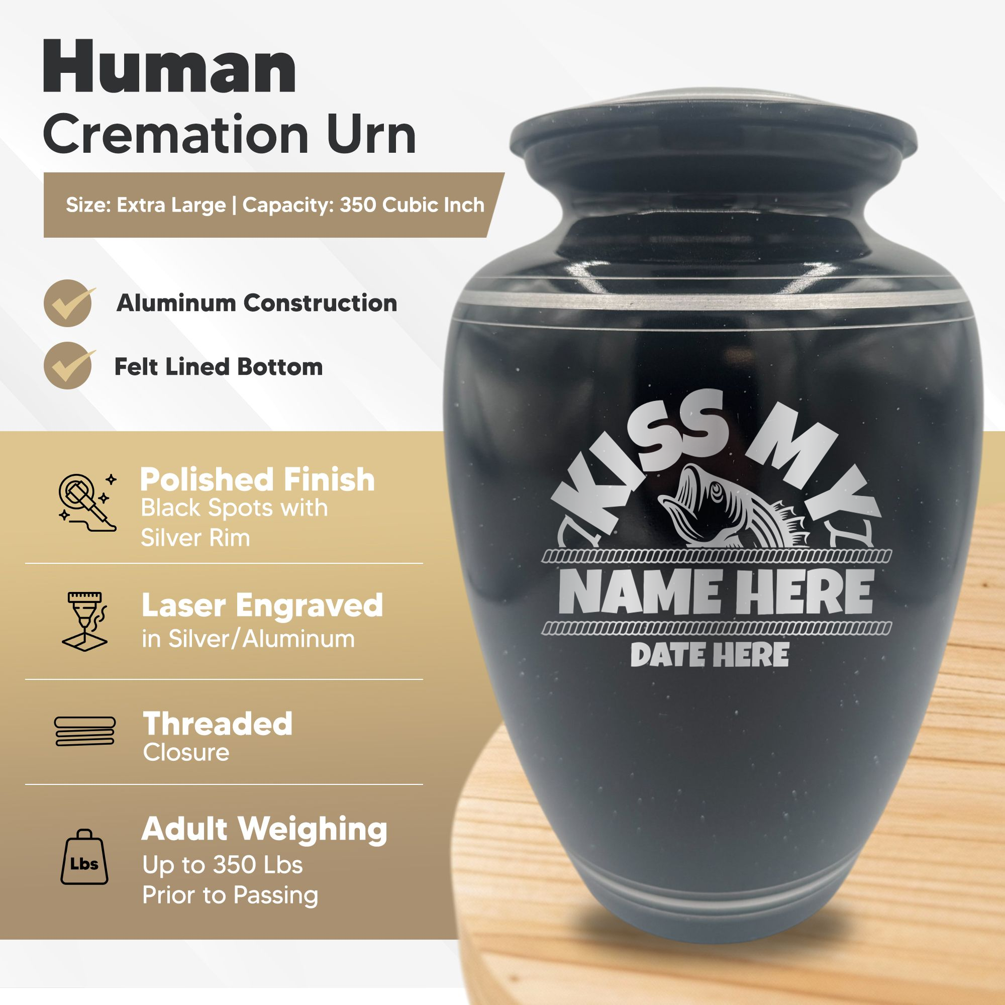 Extra Large Human Cremation Urn - 350 Cubic Inch - Black Spotted Finish with Silver Rim | Bass Fishing Humor