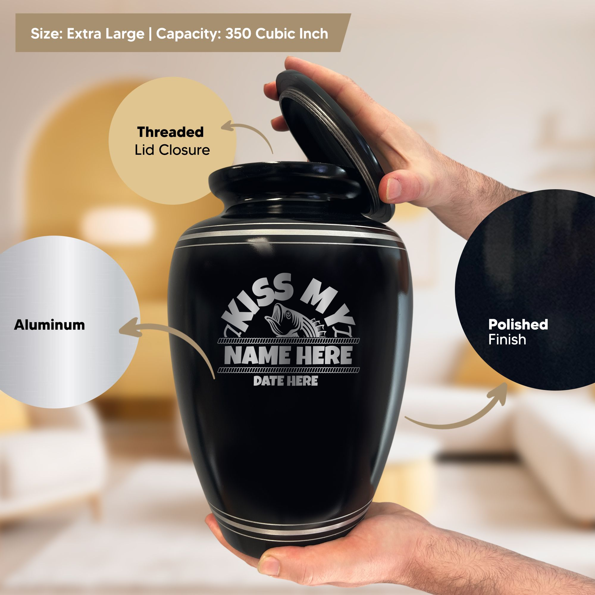 Human Cremation Urn - 350 Cubic Inch Capacity - Black with Silver Rim | Bass Fishing Humor