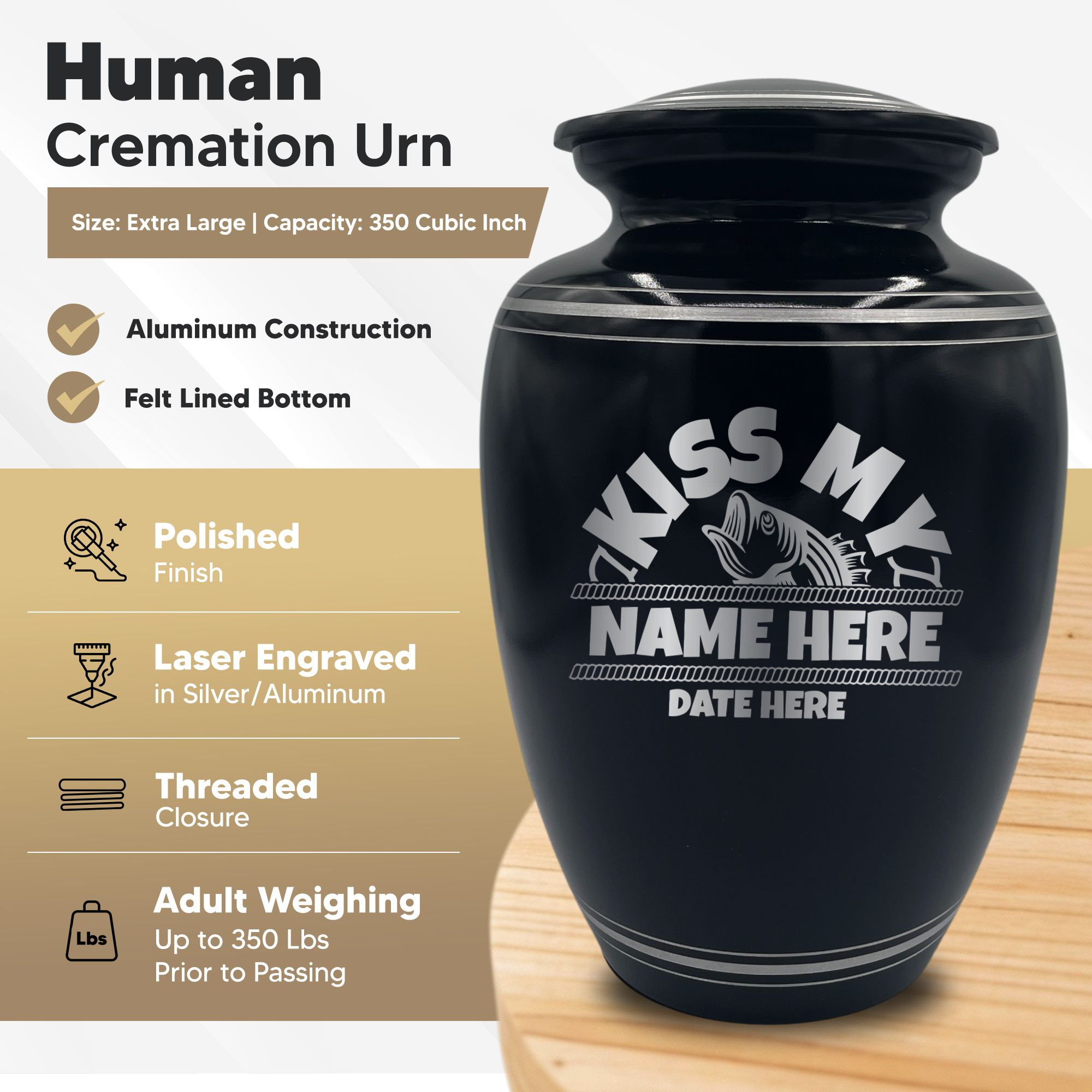 Human Cremation Urn - 350 Cubic Inch Capacity - Black with Silver Rim | Bass Fishing Humor