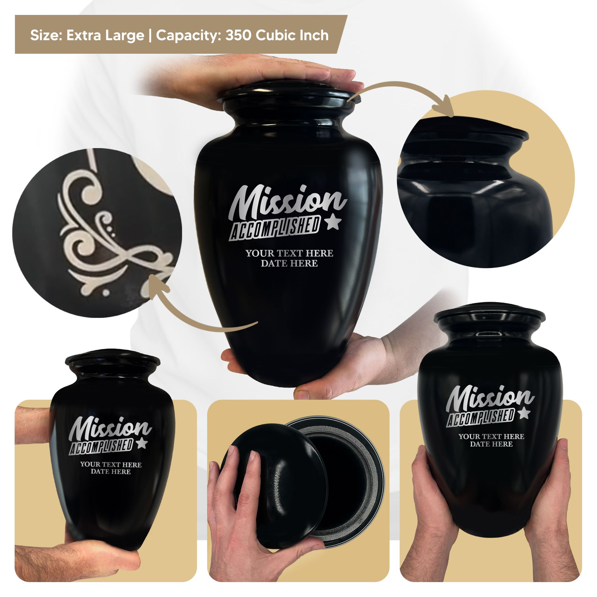 Polished Extra Large Human Cremation Urn 350 Cubic Inch - Engraved Aluminum | Fantasy Memorial