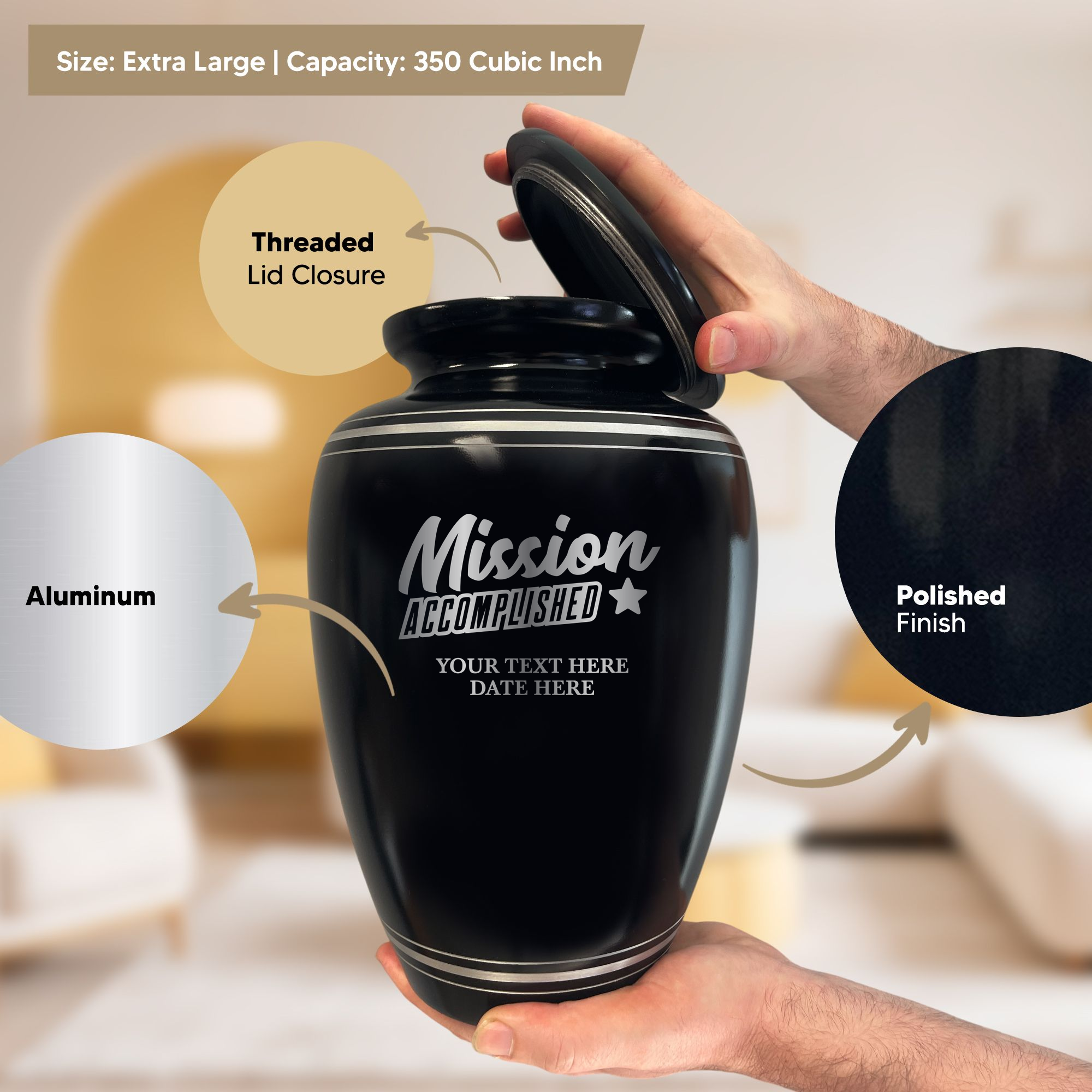 Human Cremation Urn - 350 Cubic Inch Capacity - Black with Silver Rim | Fantasy Memorial