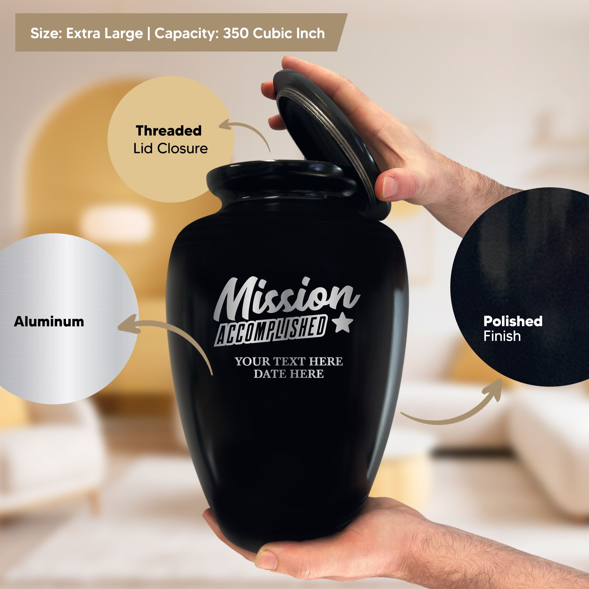 Polished Extra Large Human Cremation Urn 350 Cubic Inch - Engraved Aluminum | Fantasy Memorial