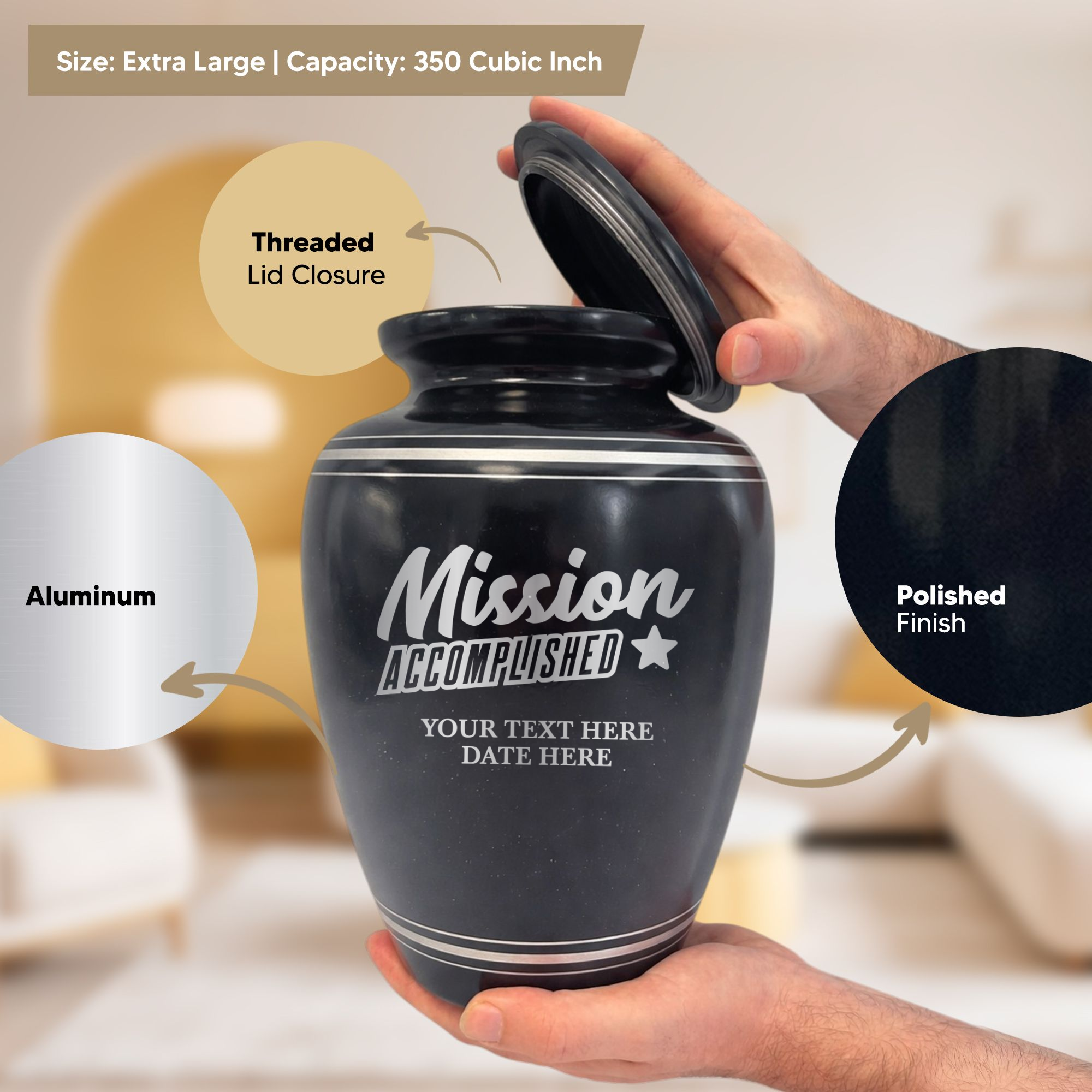 Extra Large Human Cremation Urn - 350 Cubic Inch - Black Spotted Finish with Silver Rim | Fantasy Memorial