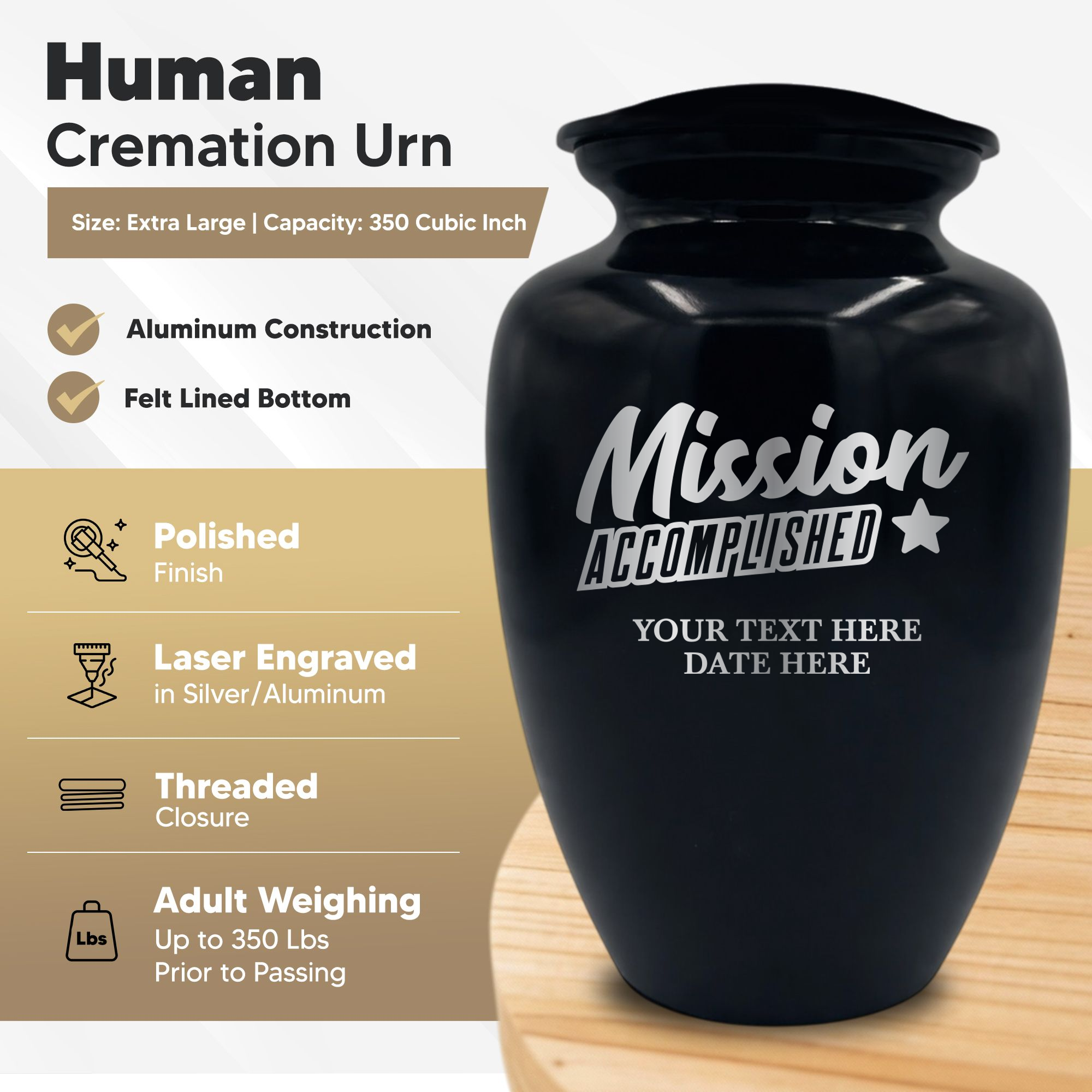 Polished Extra Large Human Cremation Urn 350 Cubic Inch - Engraved Aluminum | Fantasy Memorial