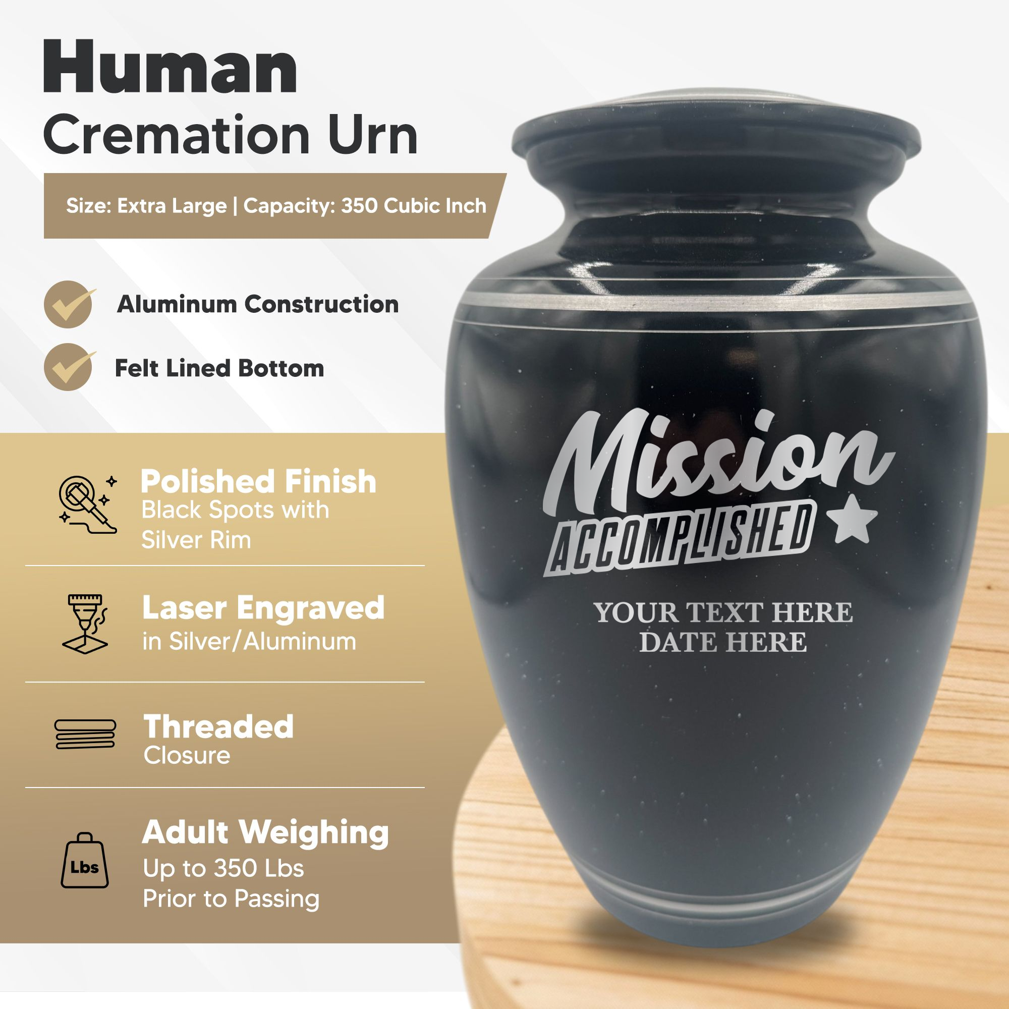 Extra Large Human Cremation Urn - 350 Cubic Inch - Black Spotted Finish with Silver Rim | Fantasy Memorial