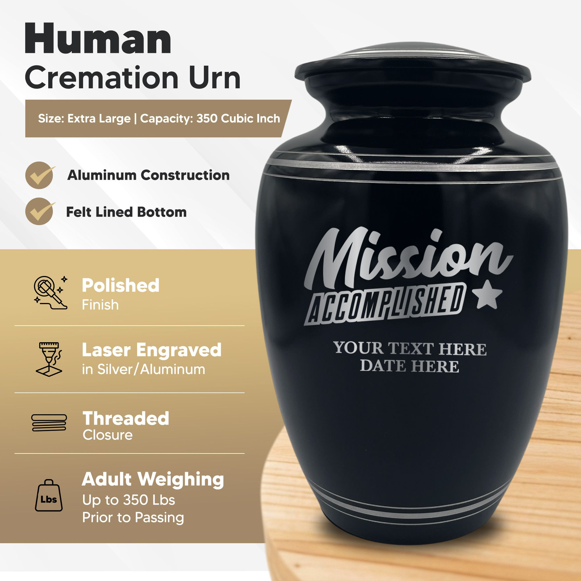 Human Cremation Urn - 350 Cubic Inch Capacity - Black with Silver Rim | Fantasy Memorial