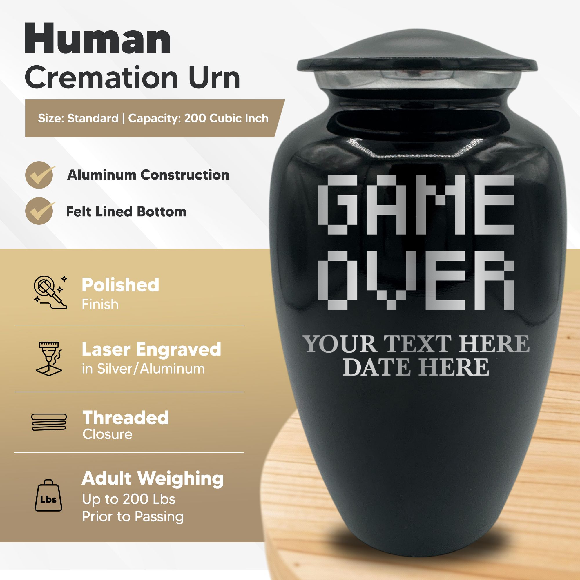 Splendor Human Cremation Urn - 200 Cubic Inch Capacity - Metal | Gaming Memorial Collection