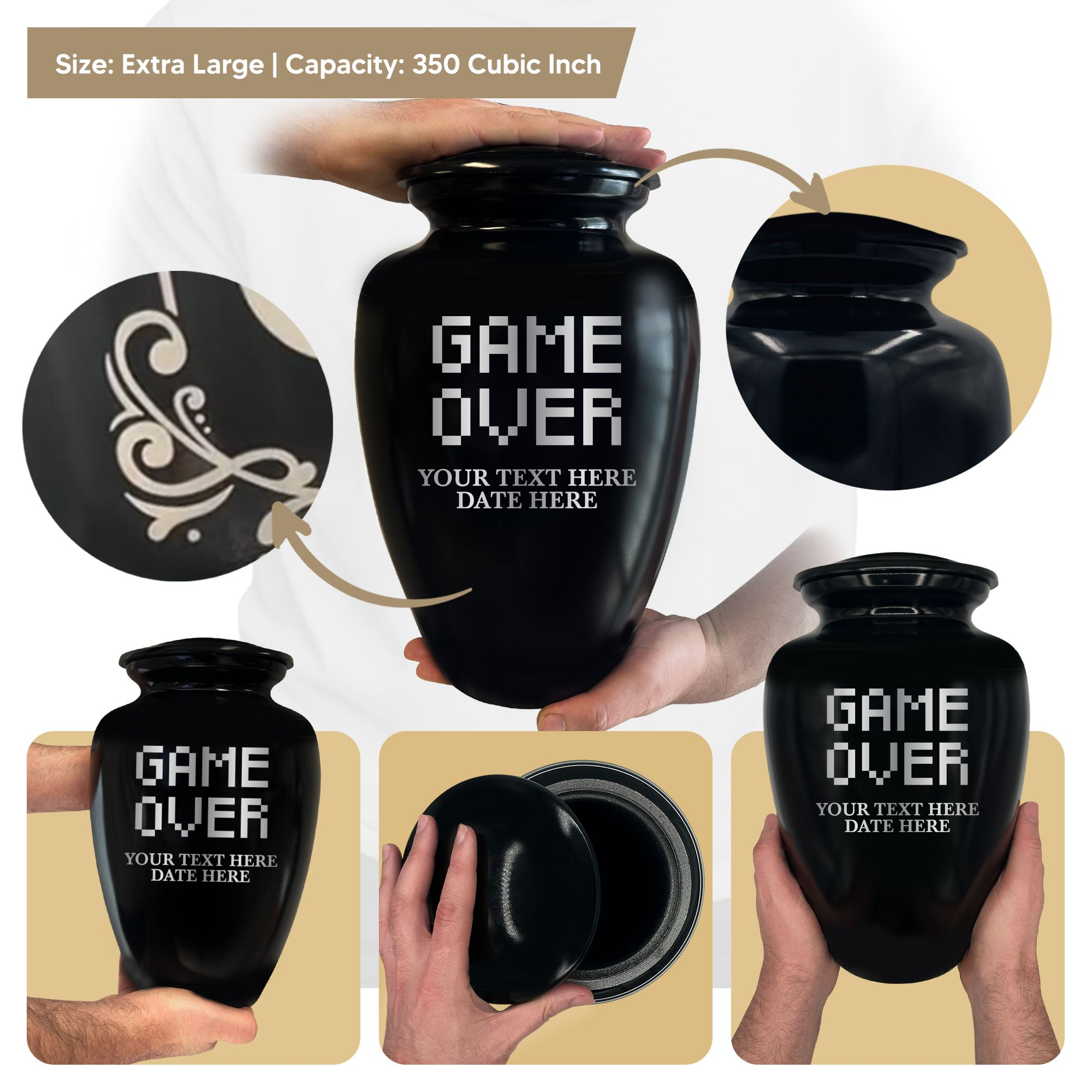 Polished Extra Large Human Cremation Urn 350 Cubic Inch - Engraved Aluminum | Gaming Memorial Collection