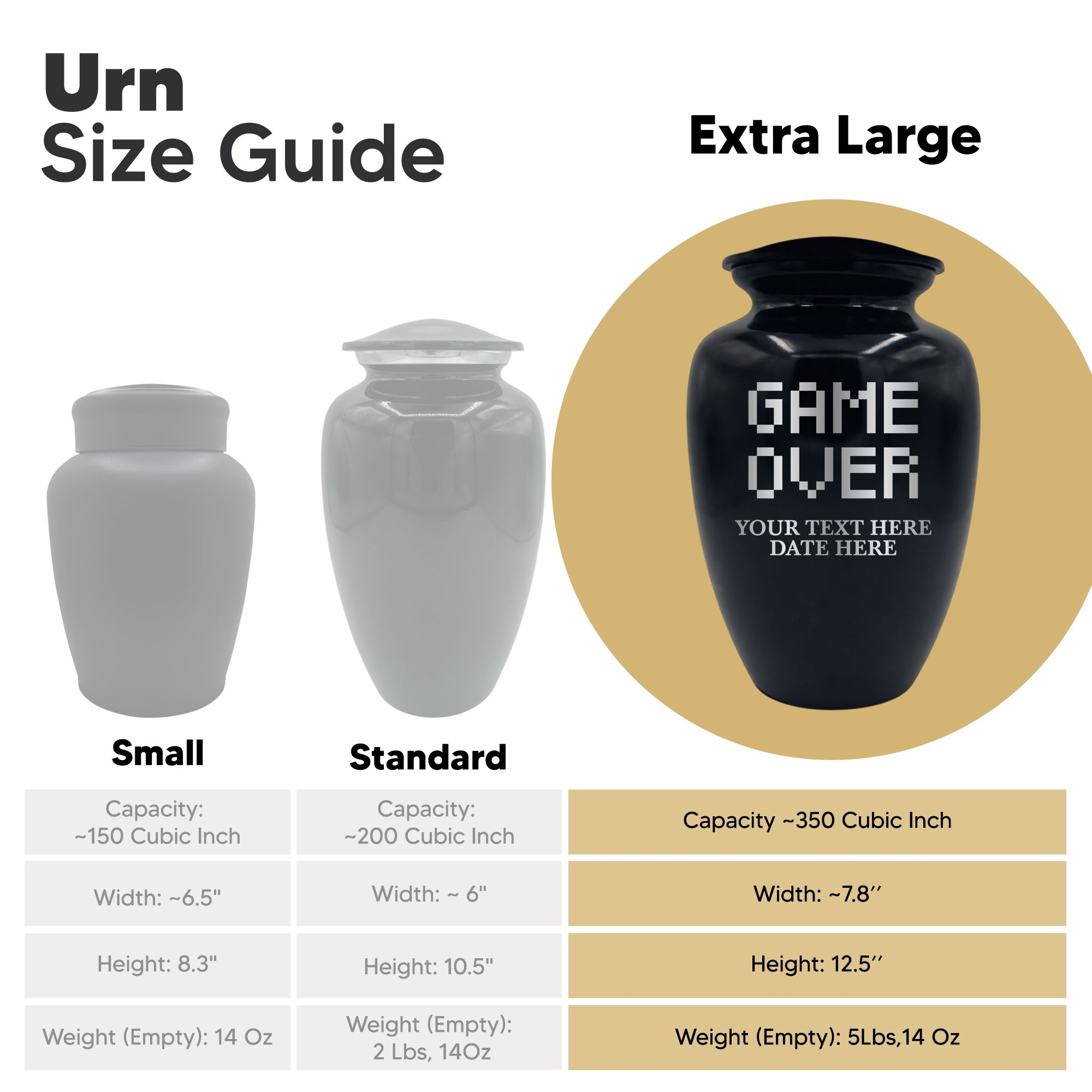 Polished Extra Large Human Cremation Urn 350 Cubic Inch - Engraved Aluminum | Gaming Memorial Collection
