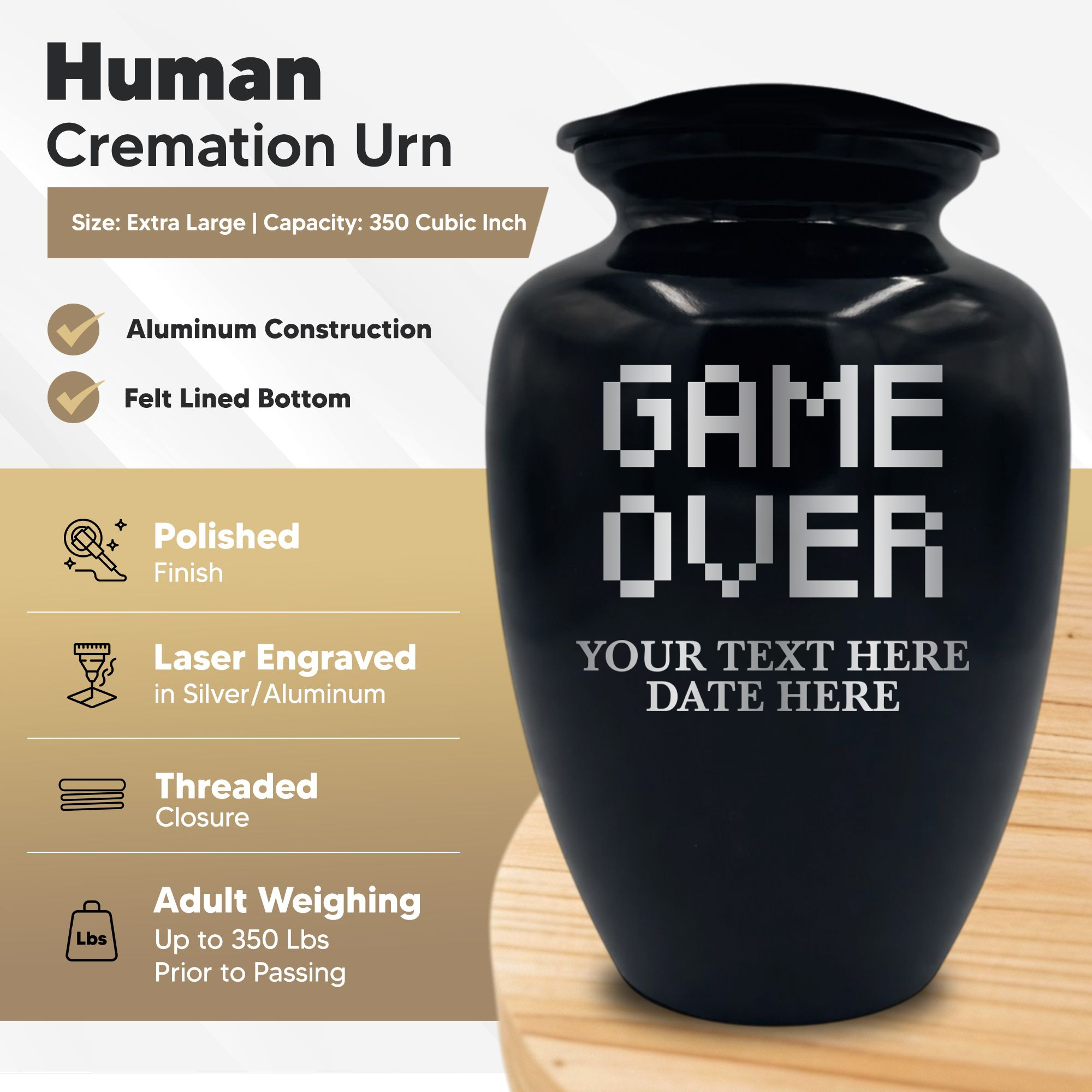 Polished Extra Large Human Cremation Urn 350 Cubic Inch - Engraved Aluminum | Gaming Memorial Collection
