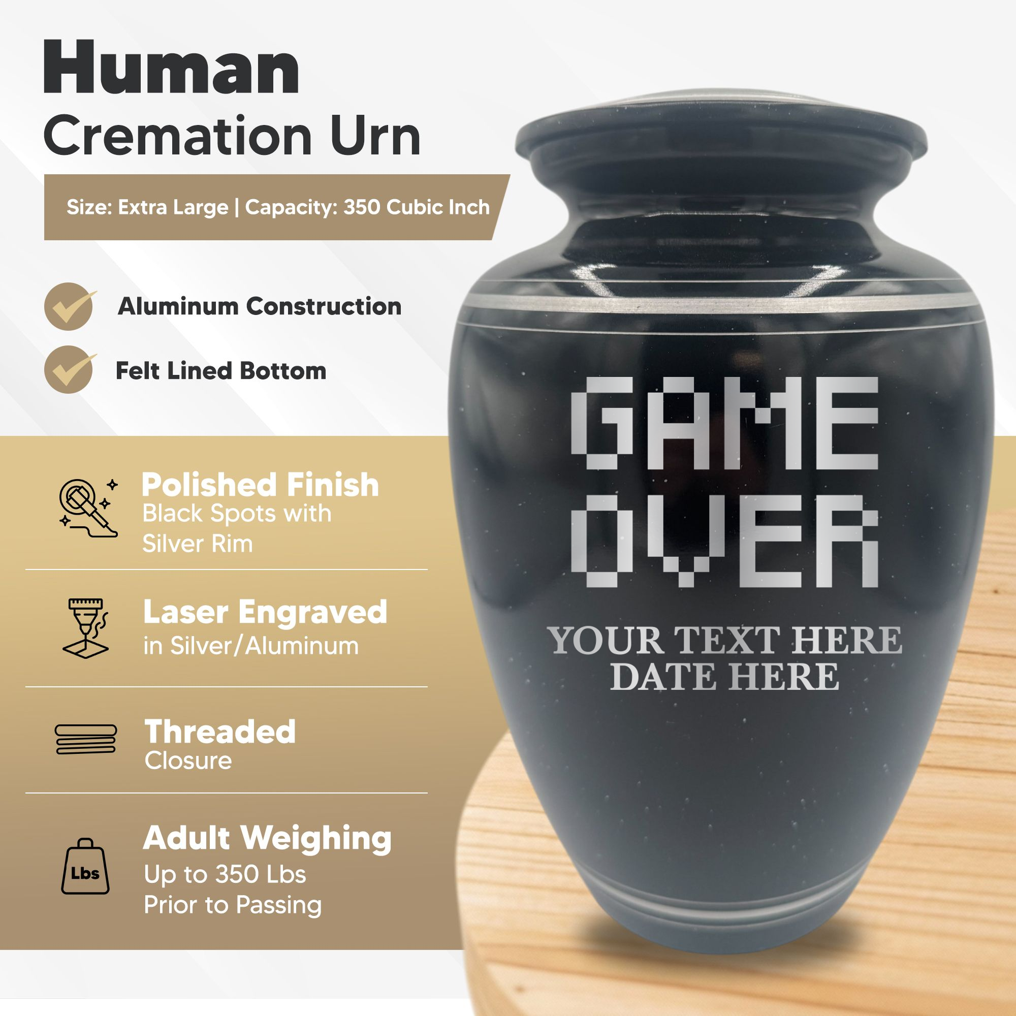 Extra Large Human Cremation Urn - 350 Cubic Inch - Black Spotted Finish with Silver Rim | Gaming Memorial Collection