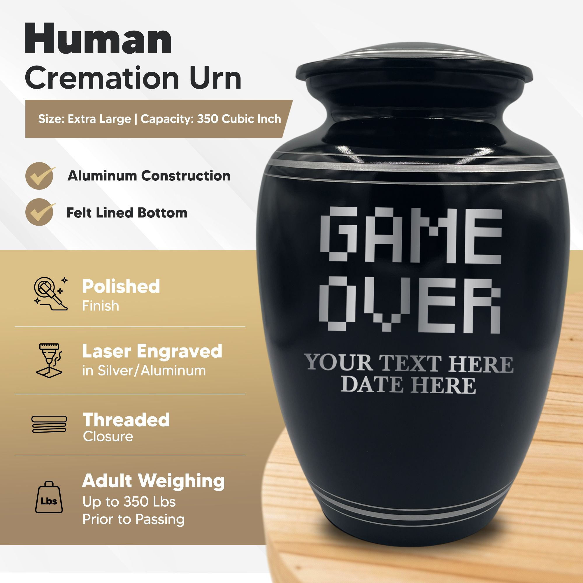 Human Cremation Urn - 350 Cubic Inch Capacity - Black with Silver Rim | Gaming Memorial Collection