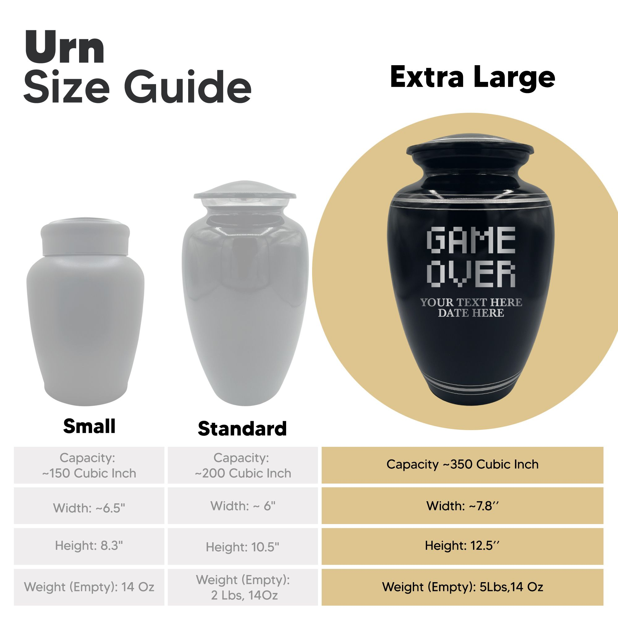 Human Cremation Urn - 350 Cubic Inch Capacity - Black with Silver Rim | Gaming Memorial Collection