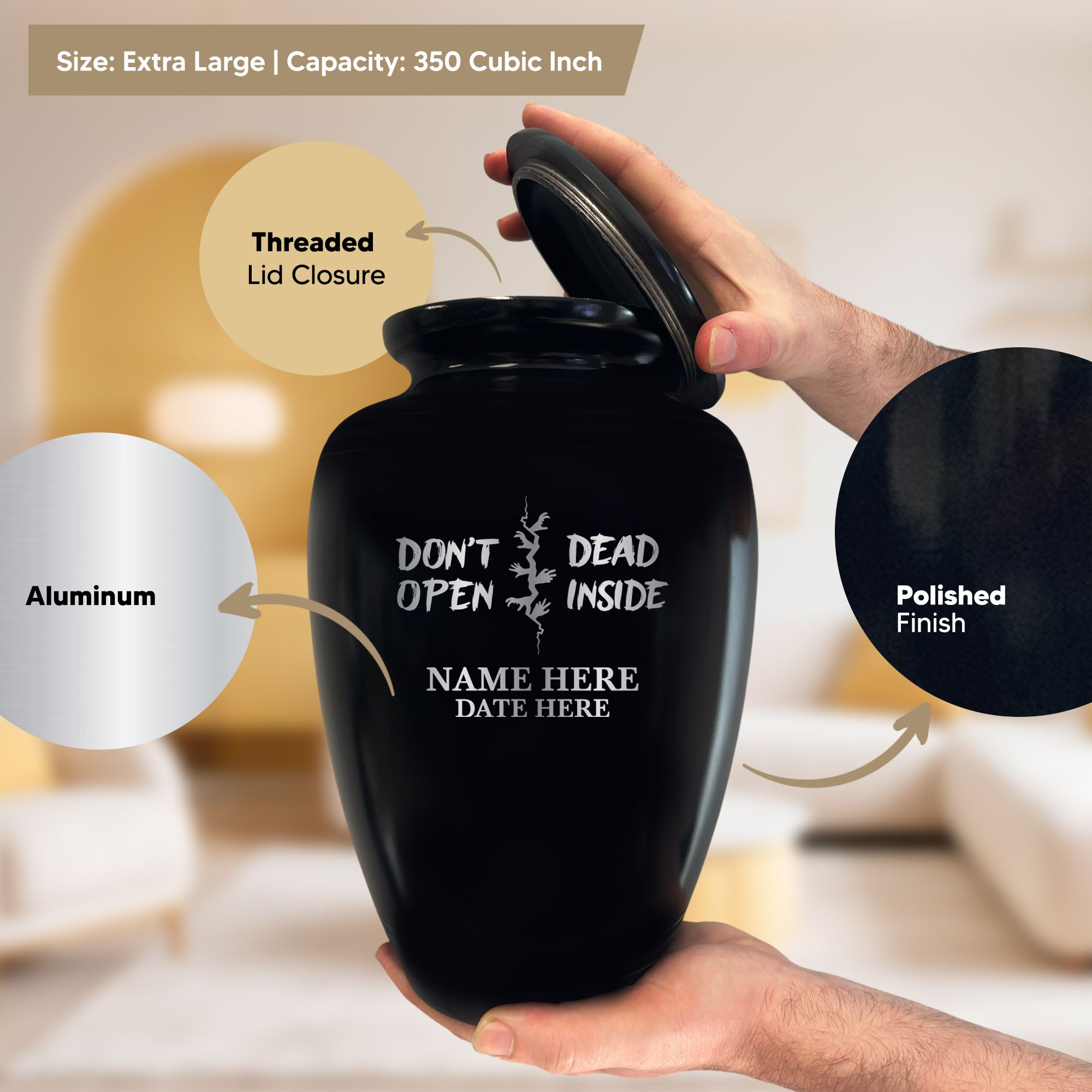 Polished Extra Large Human Cremation Urn 350 Cubic Inch - Engraved Aluminum | Funny Pop Culture Collection