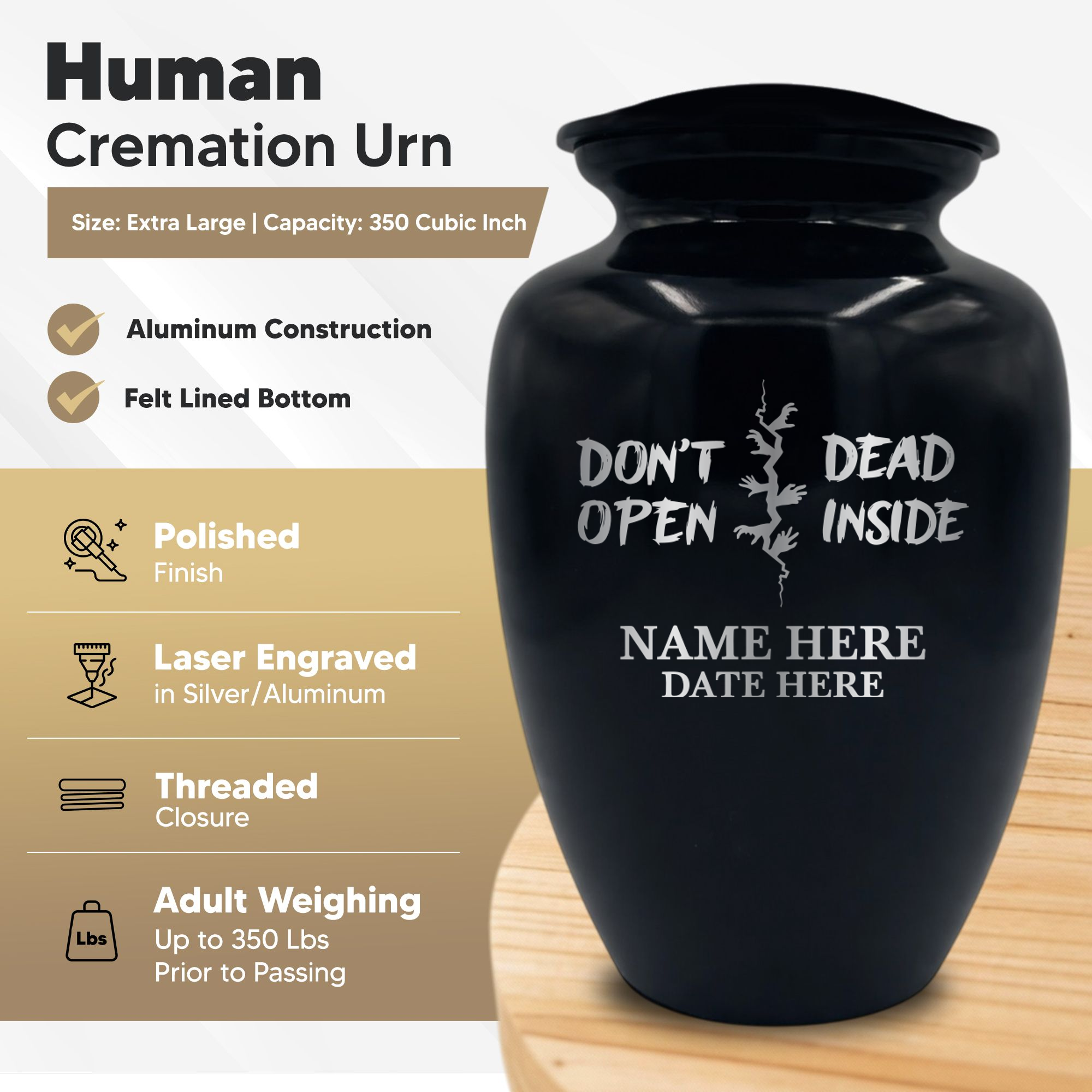 Polished Extra Large Human Cremation Urn 350 Cubic Inch - Engraved Aluminum | Funny Pop Culture Collection