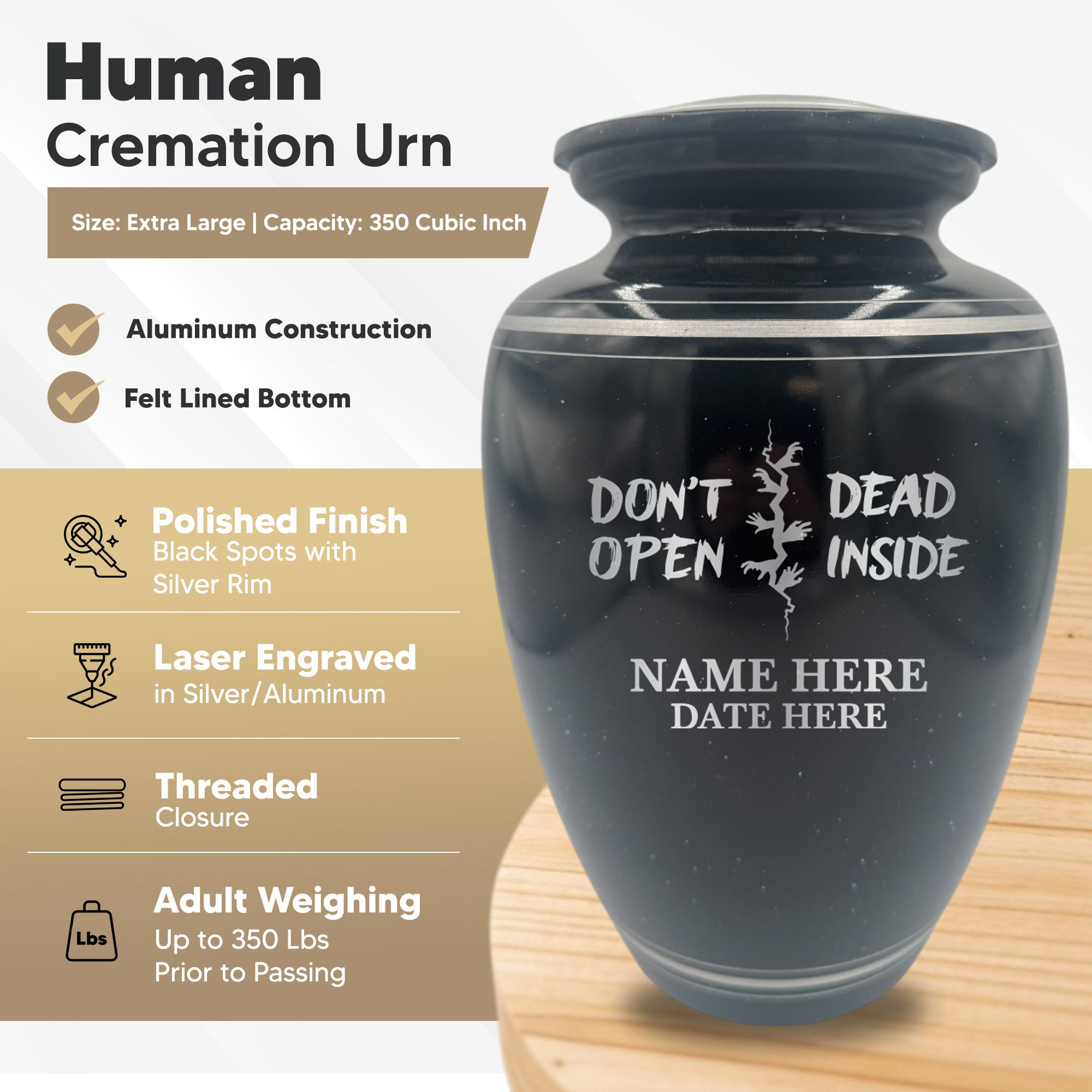 Extra Large Human Cremation Urn - 350 Cubic Inch - Black Spotted Finish with Silver Rim | Funny Pop Culture Collection