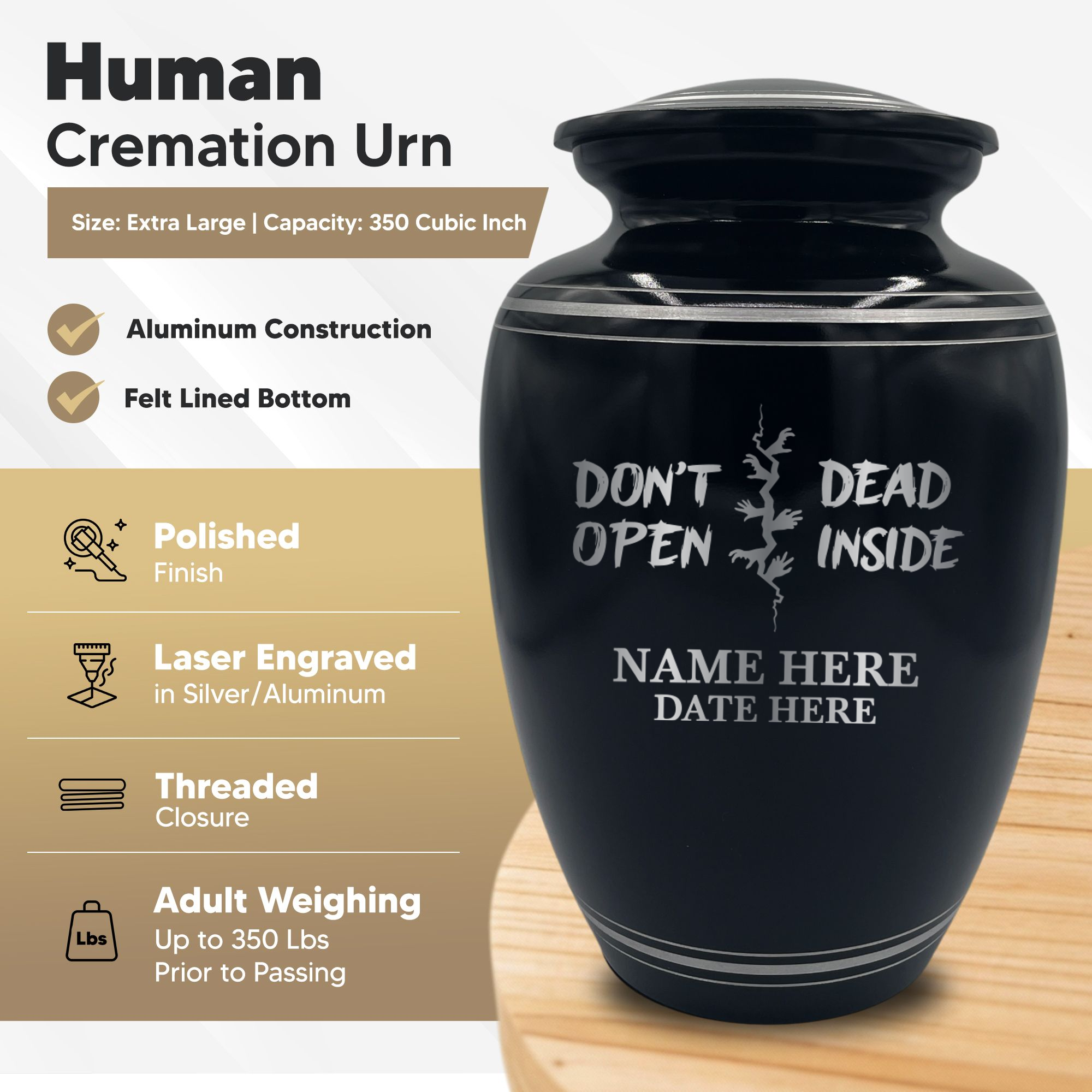 Human Cremation Urn - 350 Cubic Inch Capacity - Black with Silver Rim | Funny Pop Culture Collection