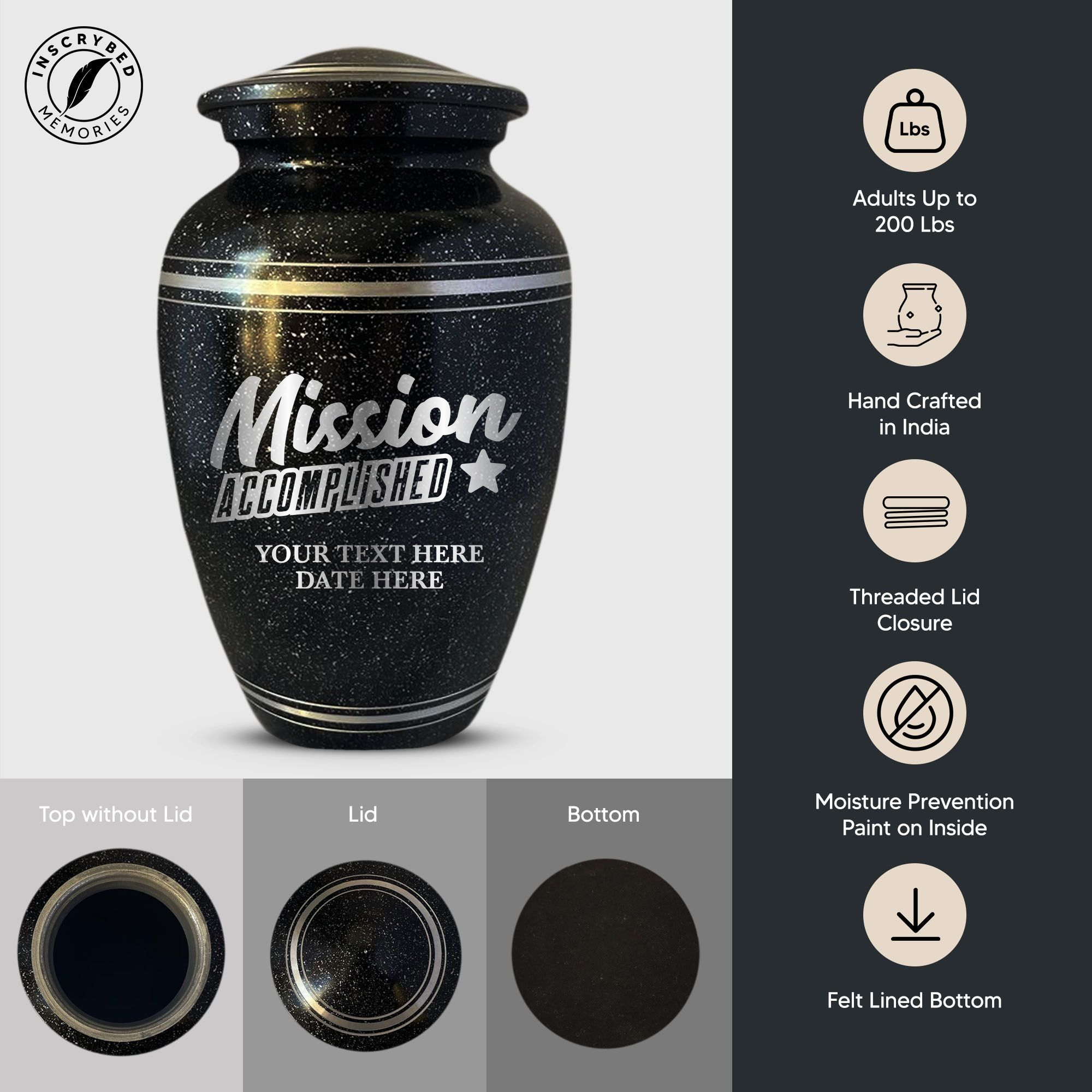 Spotted Black Aluminum with Silver Rim Human Cremation Urn - 200 Cubic Inch | Fantasy Memorial