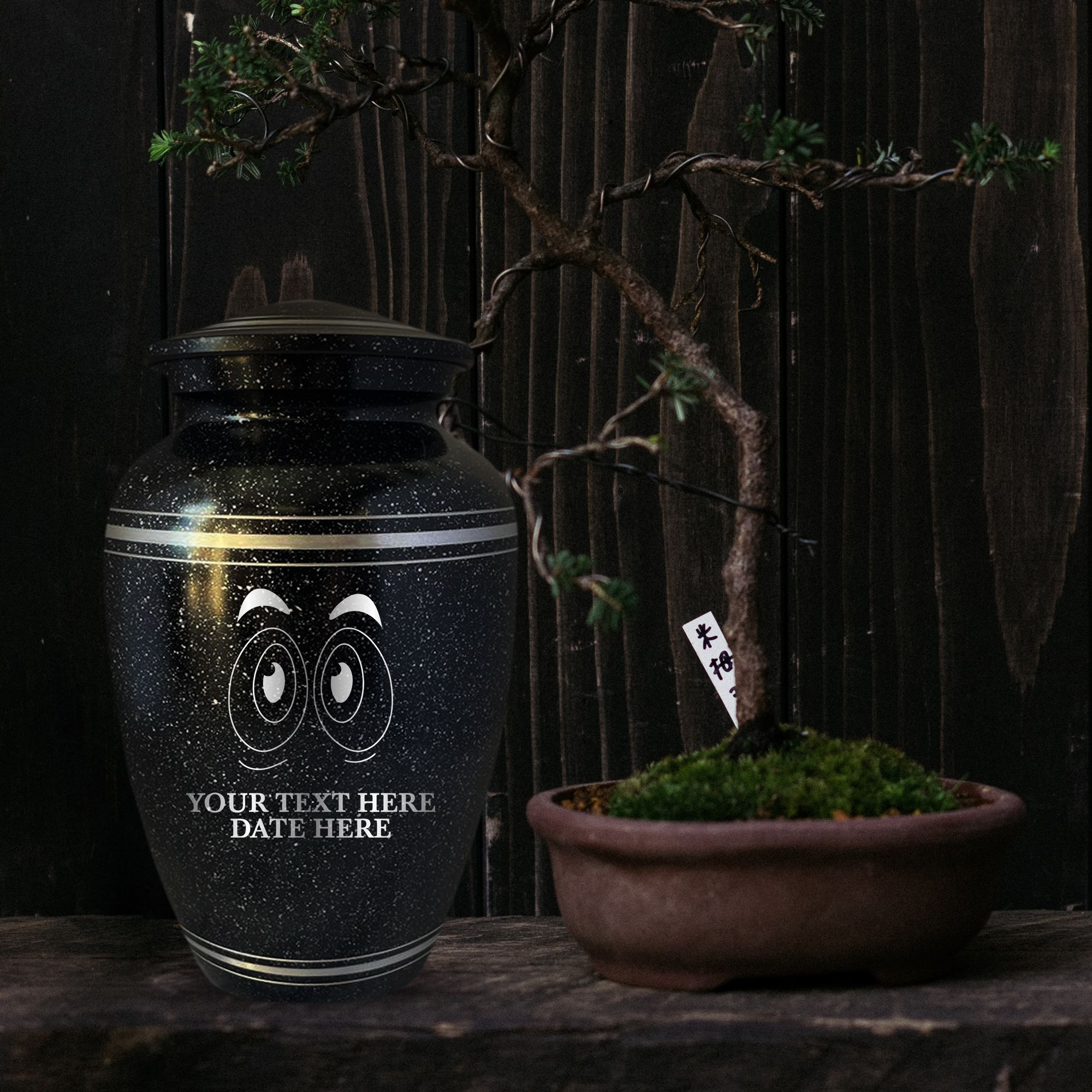 Spotted Black Aluminum with Silver Rim Human Cremation Urn - 200 Cubic Inch | Funny Eyes