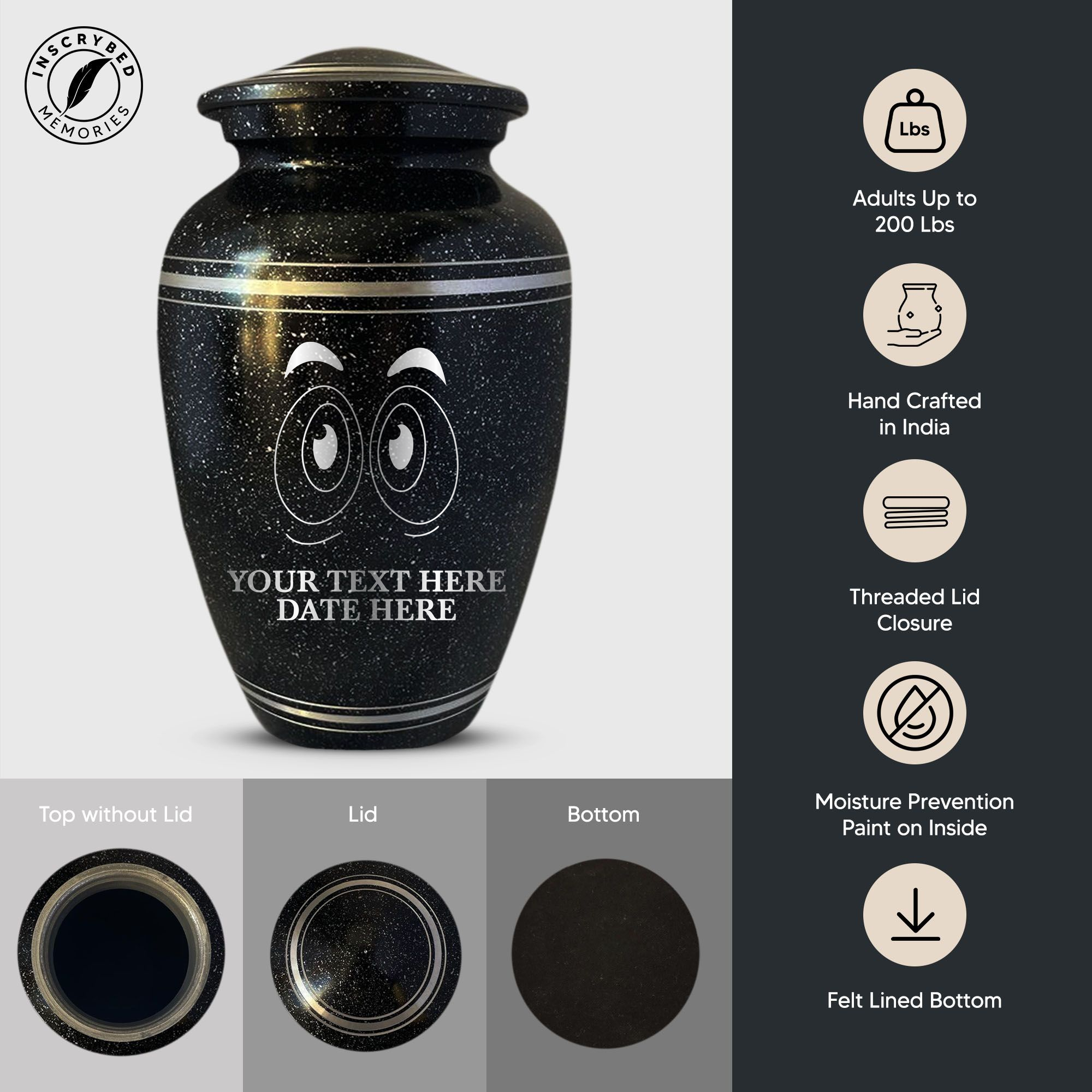 Spotted Black Aluminum with Silver Rim Human Cremation Urn - 200 Cubic Inch | Funny Eyes