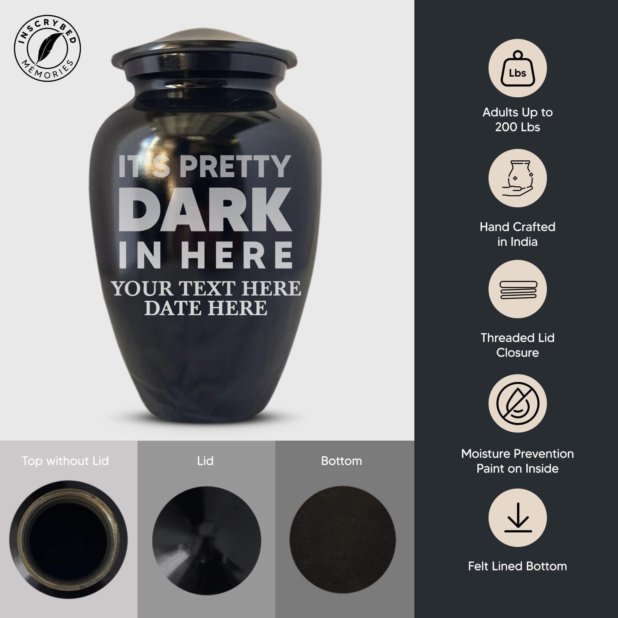 Polished Black Aluminum Human Cremation Urn - 200 Cubic Inch | Just Funny Memorial Collection
