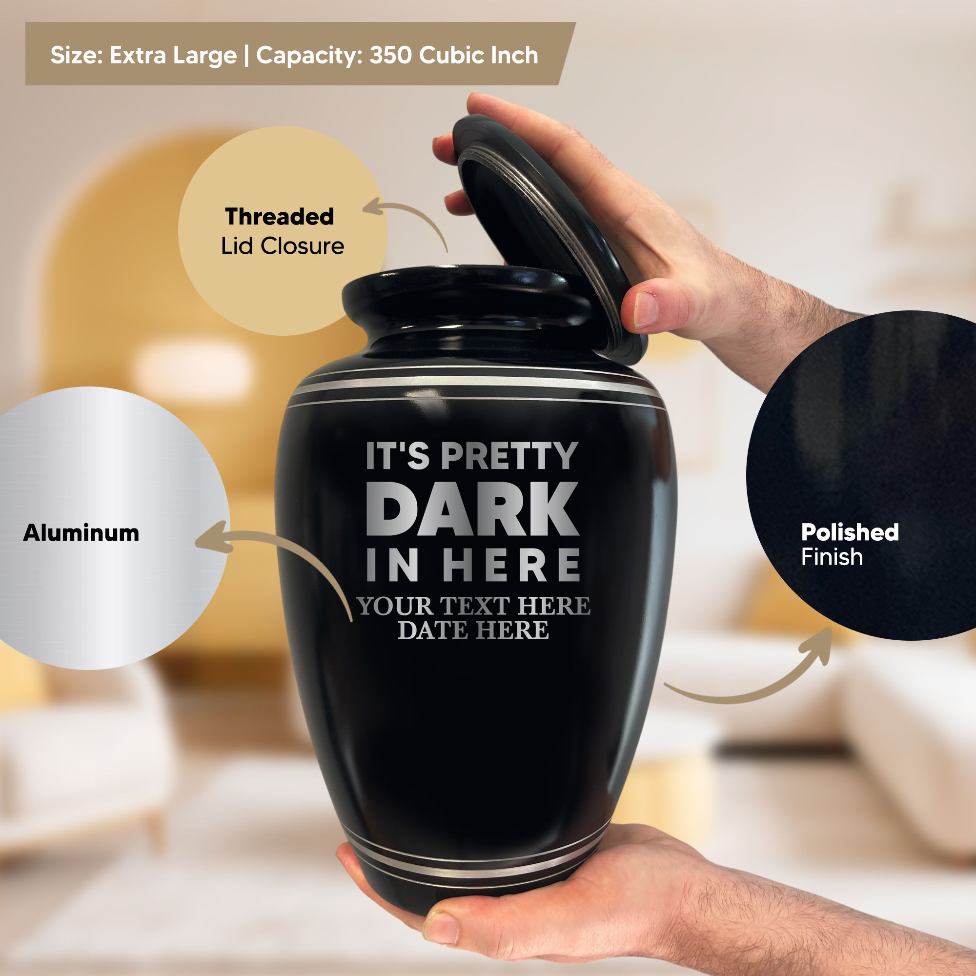 Human Cremation Urn - 350 Cubic Inch Capacity - Black with Silver Rim | Just Funny Memorial Collection