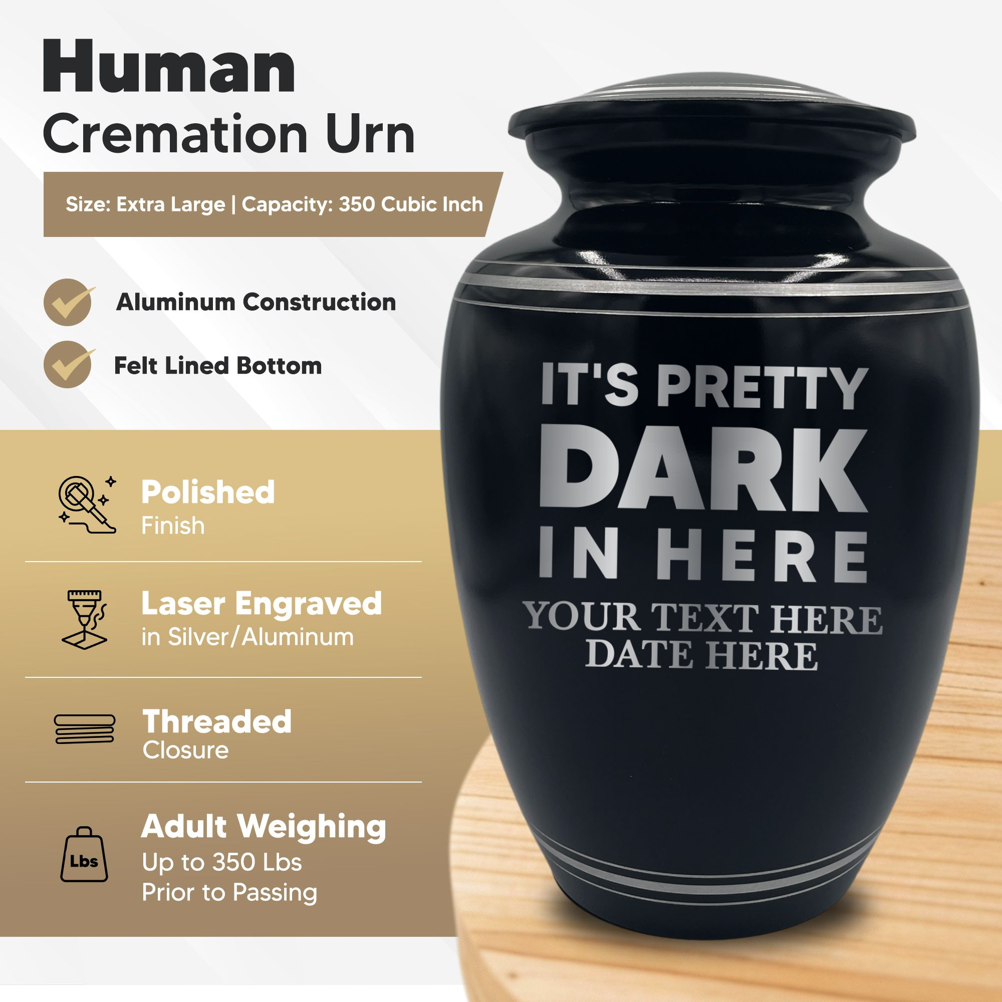 Human Cremation Urn - 350 Cubic Inch Capacity - Black with Silver Rim | Just Funny Memorial Collection