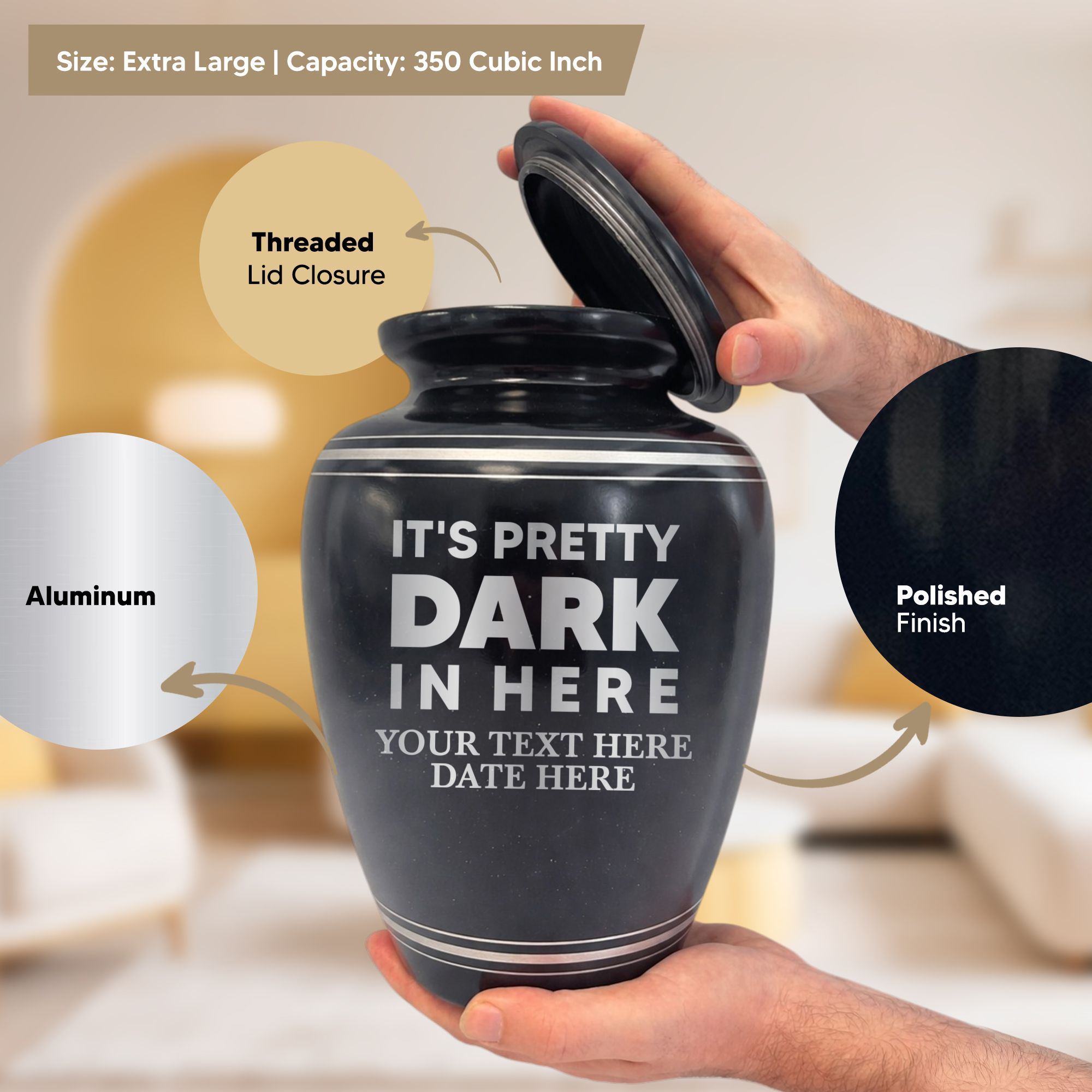 Extra Large Human Cremation Urn - 350 Cubic Inch - Black Spotted Finish with Silver Rim | Just Funny Memorial Collection